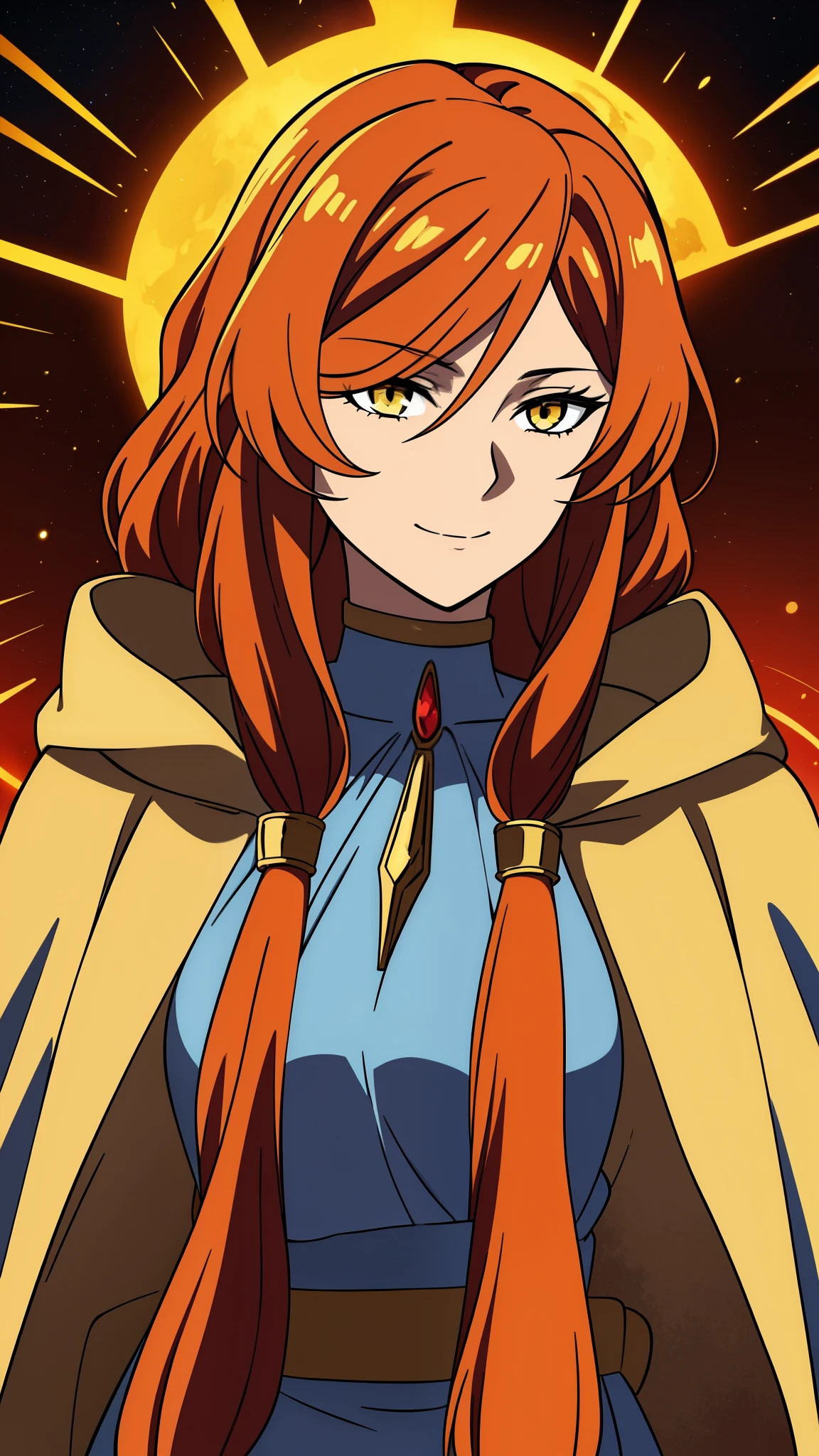 (high-quality, breathtaking),(expressive eyes, perfect face) 1girl, female, adult, mature woman, solo, long length hair, flaming red hair color, multicolored hair, gold highlights in hair, glowing hair, unkept hair, amber yellow eyes, positive expression, soft smile, cloak, shirt, God of Strength and Sun, space background, upper body, magic, elegant, fluffy hair, gorgeous hair, Greek Clothing, portrait, adventurers attire, fantasy mage clothing, beautiful hair, Apollo Hades Female, symmetrical eyes,
