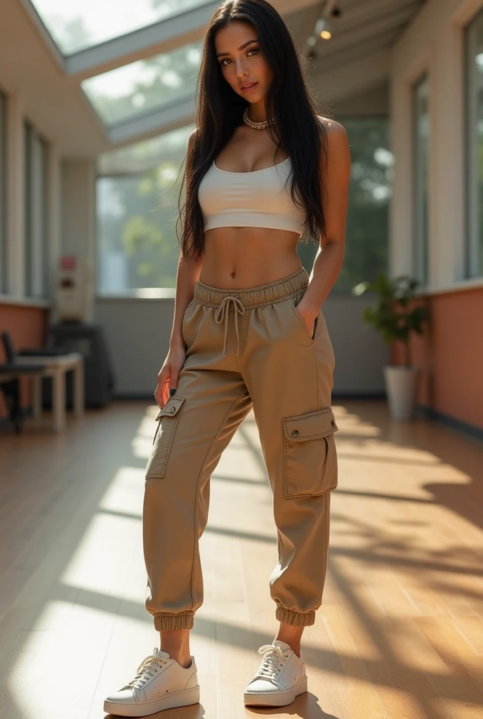 a close-up of a person wearing a hat and pants, brown pants, wearing only pants, baggy pants, wearing cargo pants, hand on hips, wearing pants, vestindo um baggy, cargo pants, Pants, 2 Modelo feminina de 4 anos, perto de um magro, cintura - tiro, recortar, thicc, cintura alta