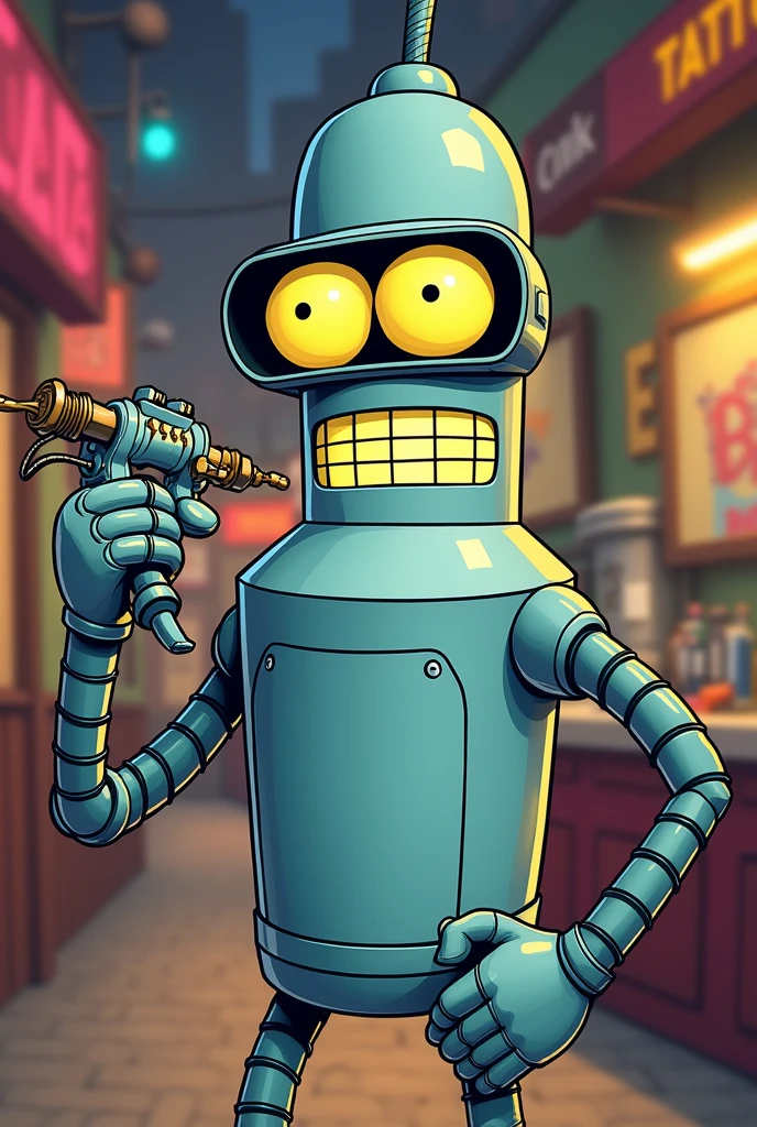 Bender from Futurama holding a tattoo machine in cartoon style - SeaArt AI