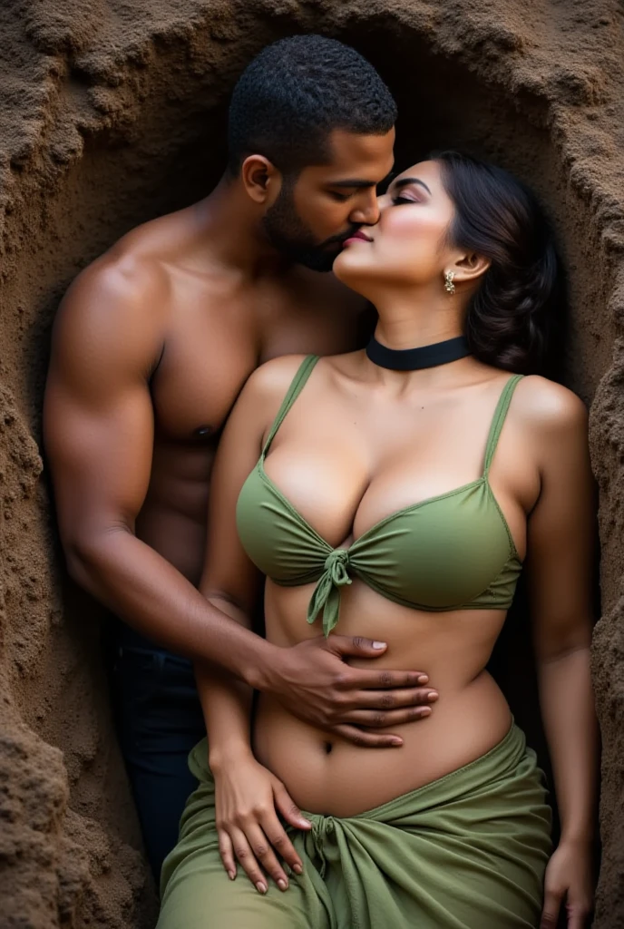 A beautiful gorgeous plump Indian 45-year-old woman wearing bra panty huge breasts, cleavage, big ass, hot body curves, kissing a 21 years old handsome man lips in beach, both are kissing each other lips passionate sexy pose, man wearing pant, beautiful sunset view