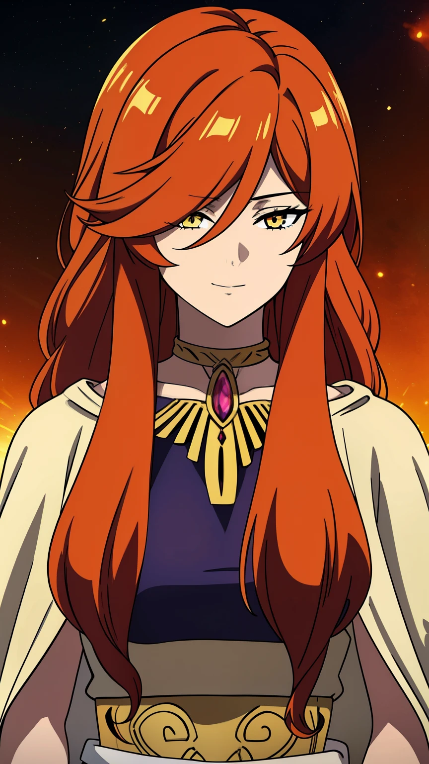 (high-quality, breathtaking),(expressive eyes, perfect face) 1girl, female, adult, mature woman, solo, long length hair, flaming red hair color, multicolored hair, gold highlights in hair, glowing hair, unkept hair, amber yellow eyes, positive expression, soft smile, cloak, shirt, God of Strength and Sun, space background, upper body, magic, elegant, fluffy hair, gorgeous hair, Greek Clothing, portrait, adventurers attire, fantasy mage clothing, beautiful hair, Apollo Hades Female, symmetrical eyes,