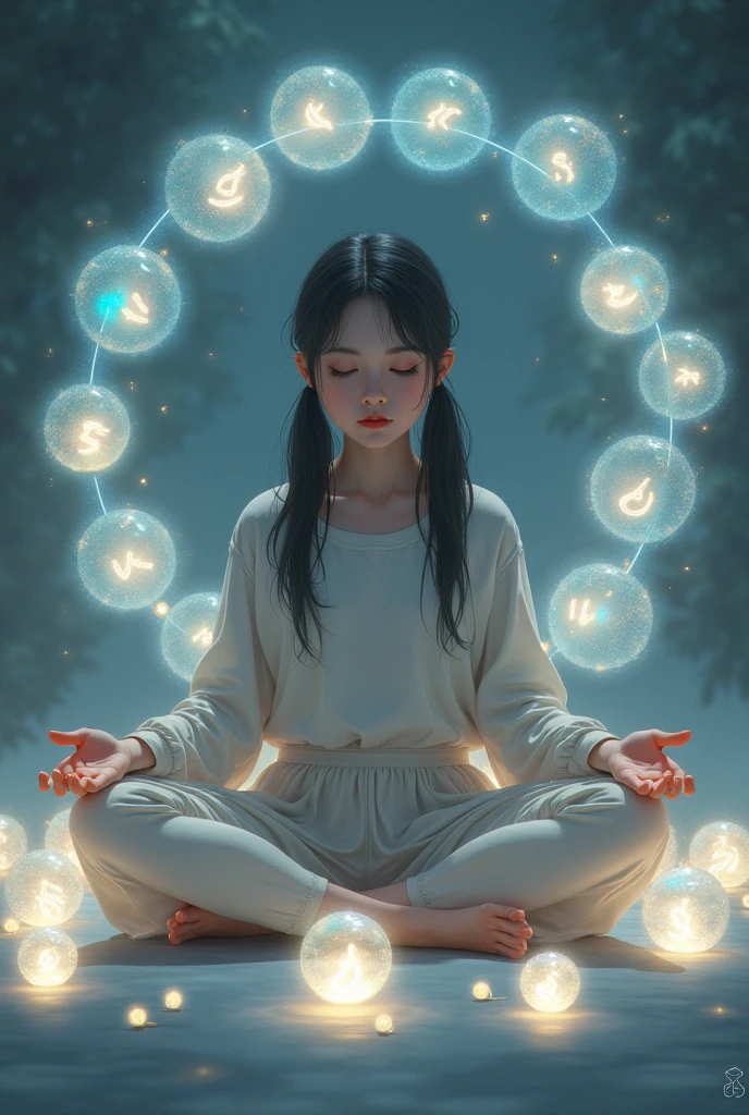 a  child girl of  meditating, long black hair, as she meditates dark and white shadows form the yin yang symbol above her, anime style, (best quality,4k,8k,highres,masterpiece:1.2),ultra-detailed,(realistic,photorealistic,photo-realistic:1.37),detailed eyes,detailed lips,extremely detailed face,long eyelashes,beautiful girl,peaceful expression,sitting in lotus position,meditation pose,dark shadows,white shadows,yin yang symbol,anime art style,dark and light contrast,dramatic lighting,vivid colors faca que saia uma aurea dela