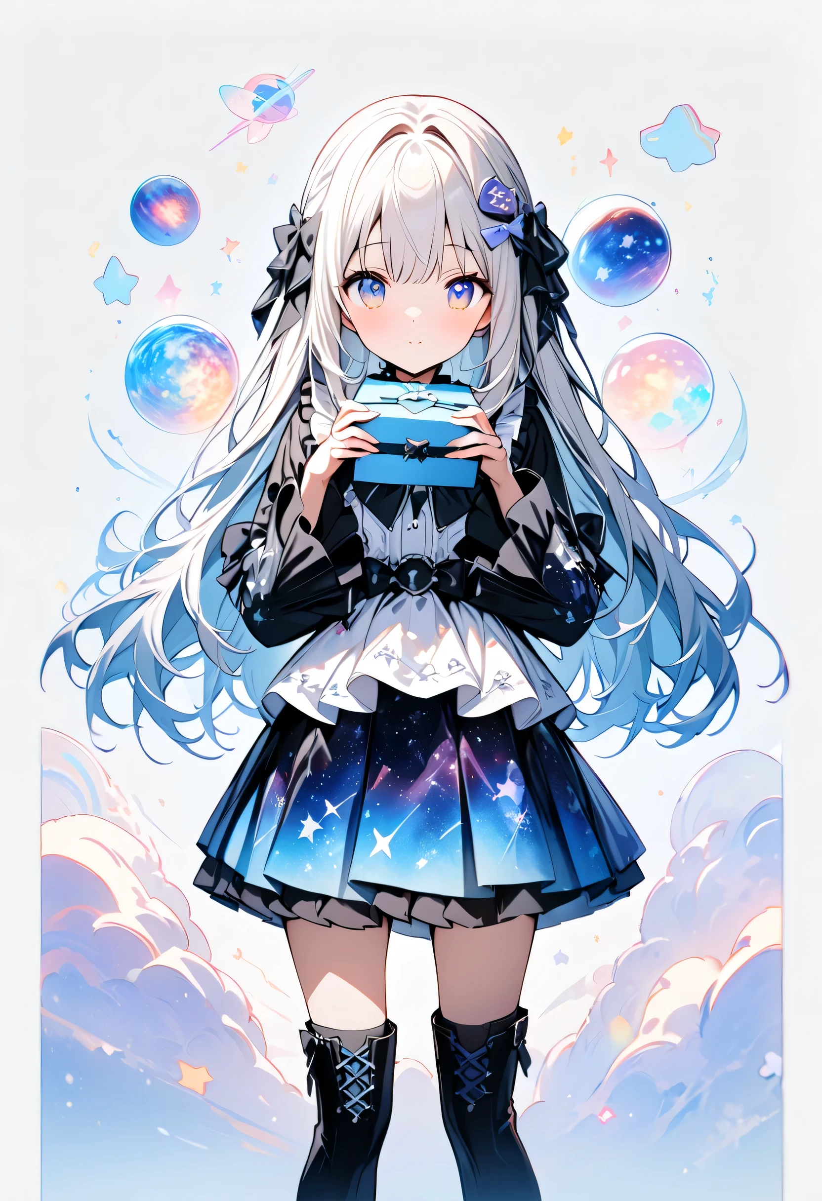 Front view portrait、whole body、 star fairy 、 pretty face、、(Masterpiece, best quality ), 1 girl, Beautifully Printed Galaxy Pattern Kimono and Gothic Lolita Outfit.、 Space Print Ruffle Box Pleated Mini Skirt 、 front portrait 、 knee-high boots 、 enchanting eyes、Perfect and attractive face、 Exquisite Details 、 Clear Images 、 best quality 。」Milk White and Light Blue Gradient Long Straight Hair 、 simple background、neon ,