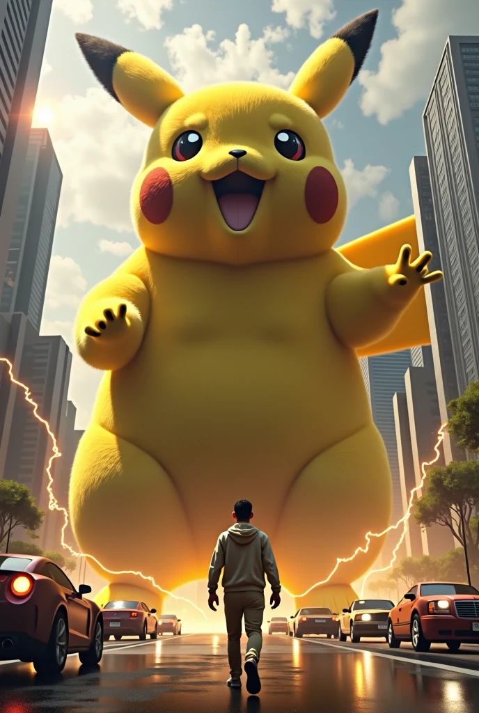 Master works, The highest image quality, hightquality, high detailing, Super Resolution Pikachu, Towering giant Pikachu, croptop, Suggests Pikachu's great strength. She seems to wander carelessly through the bustling cityscape of GTS City, with towering buildings looming overhead. Smoke and clouds rage around Pikachu, adding to the epic sense of scale and drama. The lighting is dark, broody, and realistic, creating a tense and ominous atmosphere. From below, The perspective emphasizes the sheer majesty and power of Pikachu.A pokémon