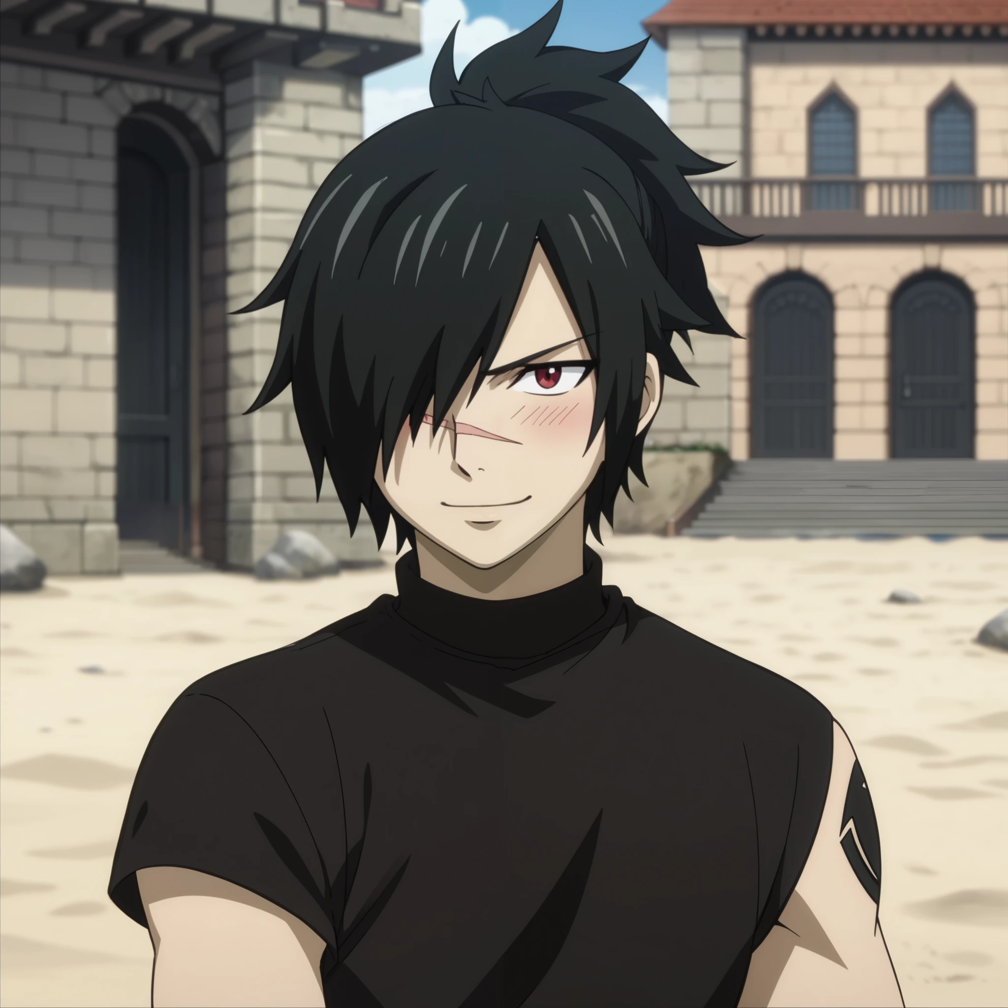 score_9, score_8_up, score_7_up, intricate details, anime screencap, depth of field, 1boy, solo, male focus, rogue_cheney, ponytail, black hair, red eyes,, hair over one eye, scar, beach, ((black men's shorts, sleeveless t-shirt, closed mouth smile, blush)) building a sand castle, detailed face,