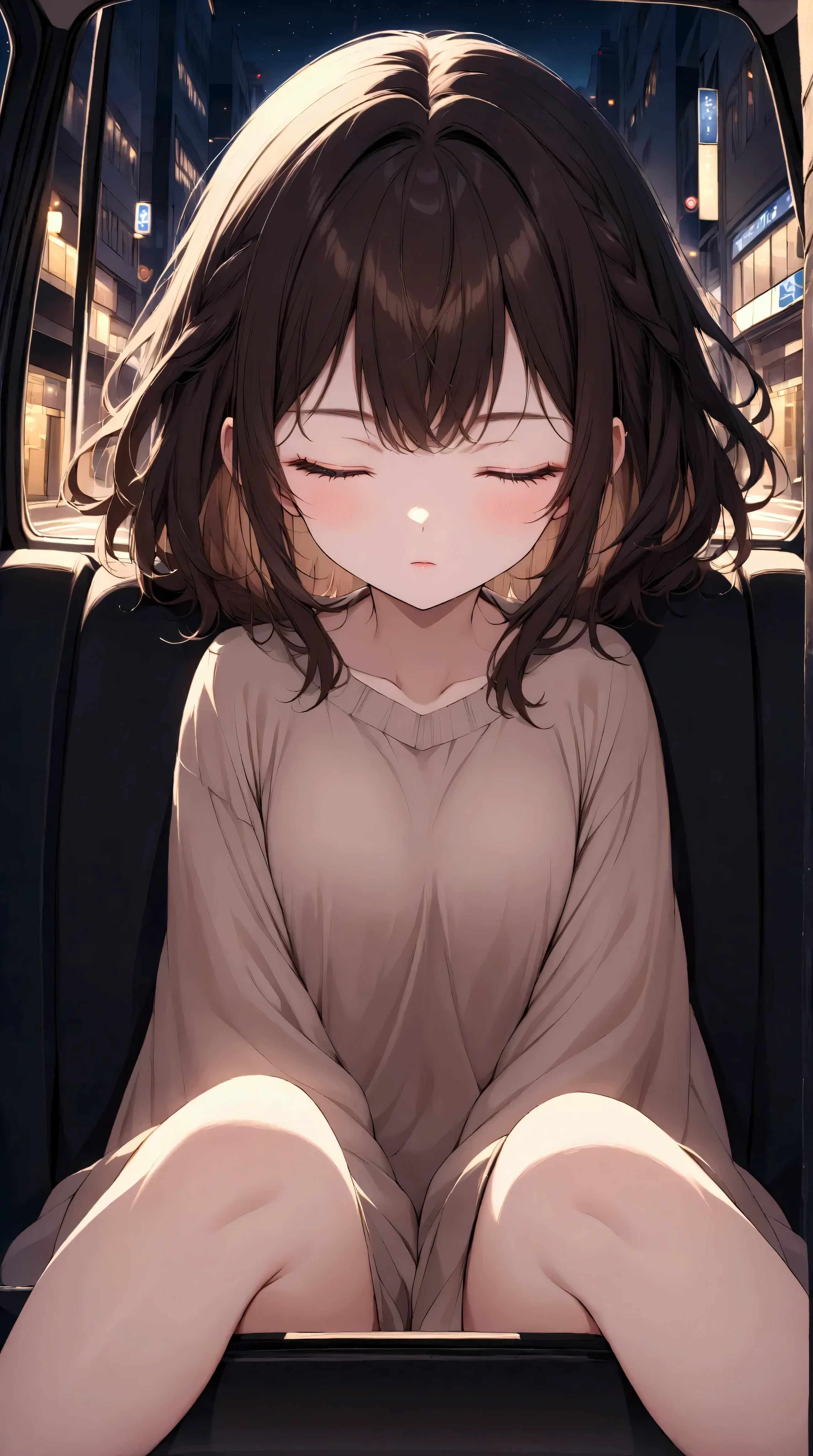 Anime girl sitting in the back of a car with her eyes closed - SeaArt AI