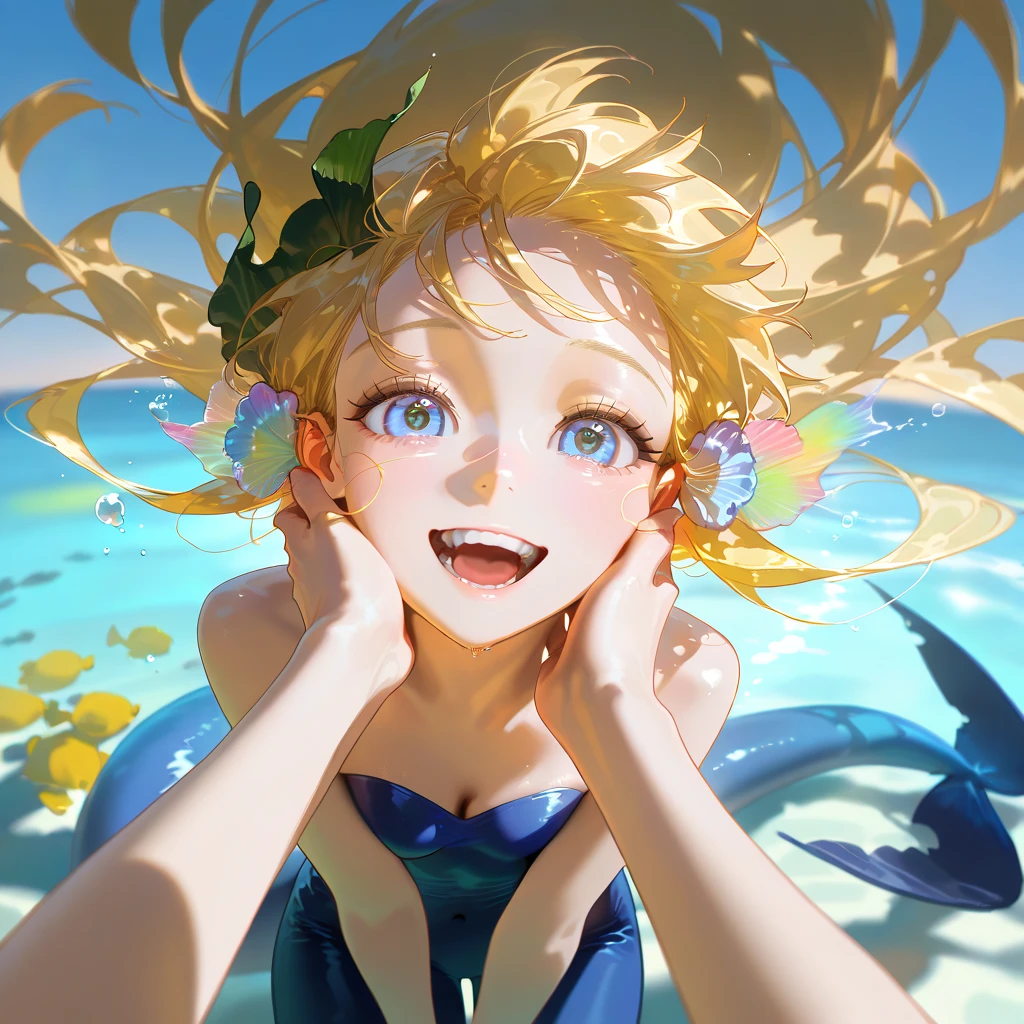 The male,full bodyesbian,8-pack abs,Male mermaid,Beautiful fish tail,Best quality,Masterpiece,ocean floor,greene eyes,Green hair,Sparkling,Shine on the face,Front close-up,Highly detailed facial features, beautiful and flawless face, Perfect eyes,full body detailing,There are many colorful fish swimming around,8K