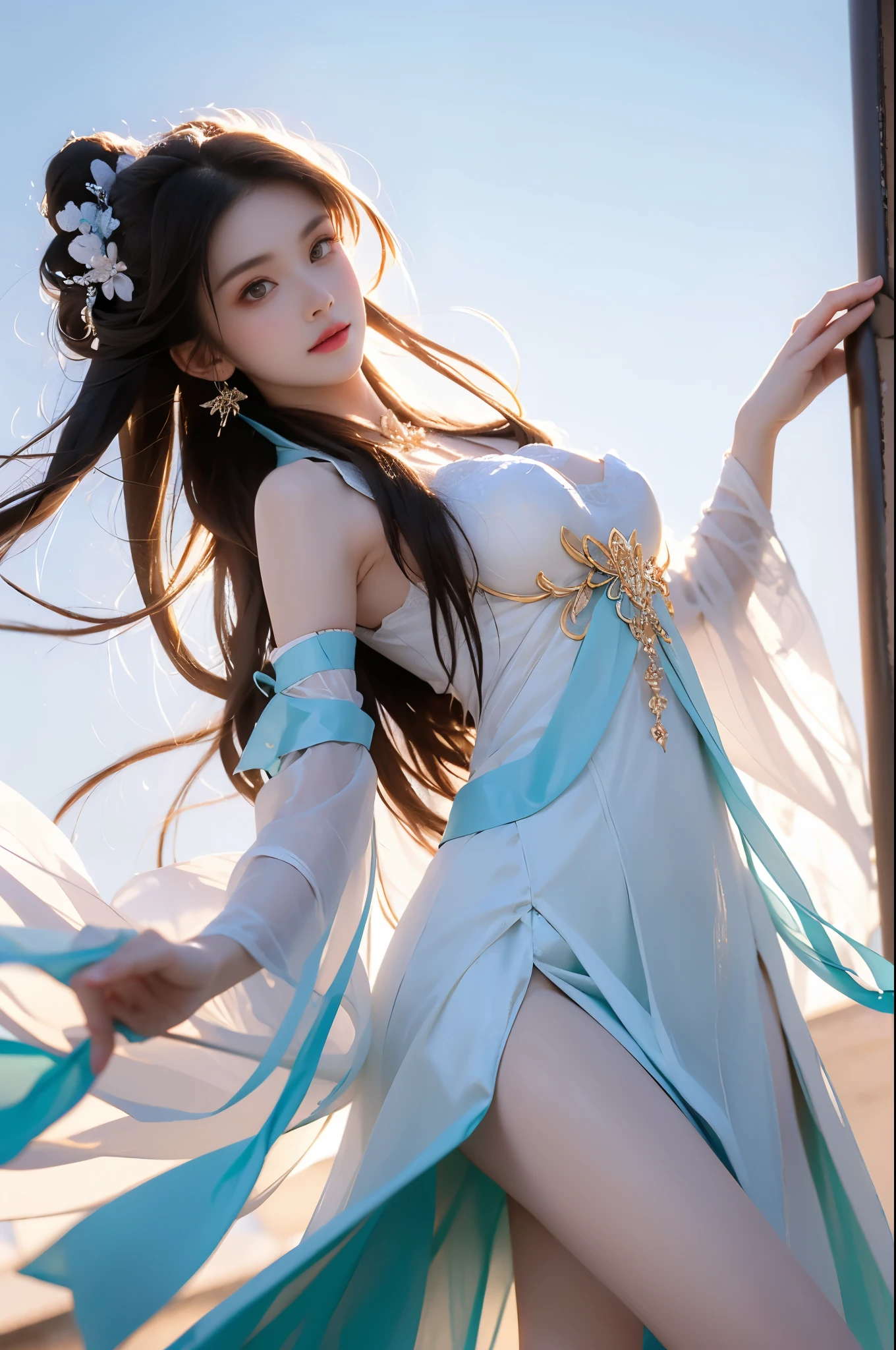 suwen, 1girl, solo, cosplay,
hanfu,chinese clothes, necklace, bare shoulders, detached sleeves, long sleeves, detached collar,shoes,
hair ornament, hair ribbon, hair flower, jewelry,
long hair, brown hair, bangs,
,,(from below:1.3), (cowboy shot:1.3) hyperrealistic photography of a beautiful asian fashion model, perfect body proportions, long slender legs, (Full chest, obvious cleavage, very short hemline, fingers elegantly fluttering hemline), (standing pose:1.2), leaning against staircase railing, one leg straight, other leg slightly bent at knee, elegant leg posture, high heels closer to camera, professionally lit fashion photoshoot, low angle shot, blue sky with white clouds, 8k uhd, masterful composition, photorealistic, detailed face features, glossy long hair, soft natural makeup, detailed skin texture, professional lighting, sharp focus, high end fashion magazine style, ultra detaile