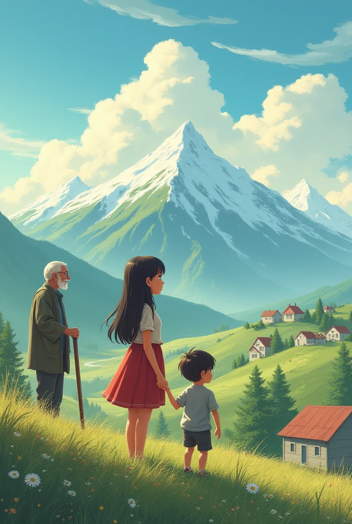 A small town with mountains where there is a girl and a grandfather