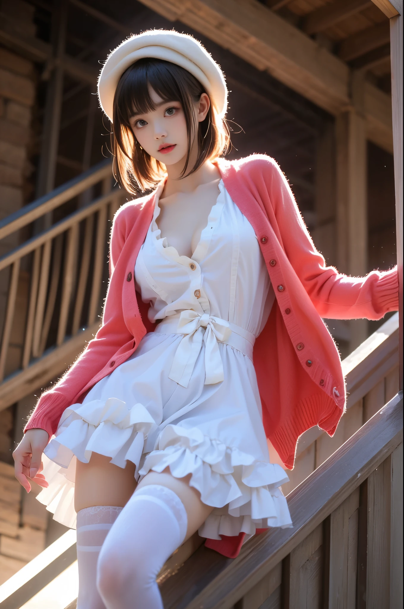 kato megumi, 1girl, solo, katou megumi, cosplay,
white hat,frills thighhighs, dress, cardigan, skirt,long sleeves,blue neck ribbon,beret, headwear, open cardigan,red cardigan, frilled trim, loafers,
short hair, blunt bangs, bob cut,
,,(from below:1.3), (cowboy shot:1.3) hyperrealistic photography of a beautiful asian fashion model, perfect body proportions, long slender legs, (Full chest, obvious cleavage, very short hemline, fingers elegantly fluttering hemline), (standing pose:1.2), leaning against staircase railing, one leg straight, other leg slightly bent at knee, elegant leg posture, high heels closer to camera, professionally lit fashion photoshoot, low angle shot, blue sky with white clouds, 8k uhd, masterful composition, photorealistic, detailed face features, glossy long hair, soft natural makeup, detailed skin texture, professional lighting, sharp focus, high end fashion magazine style, ultra detaile