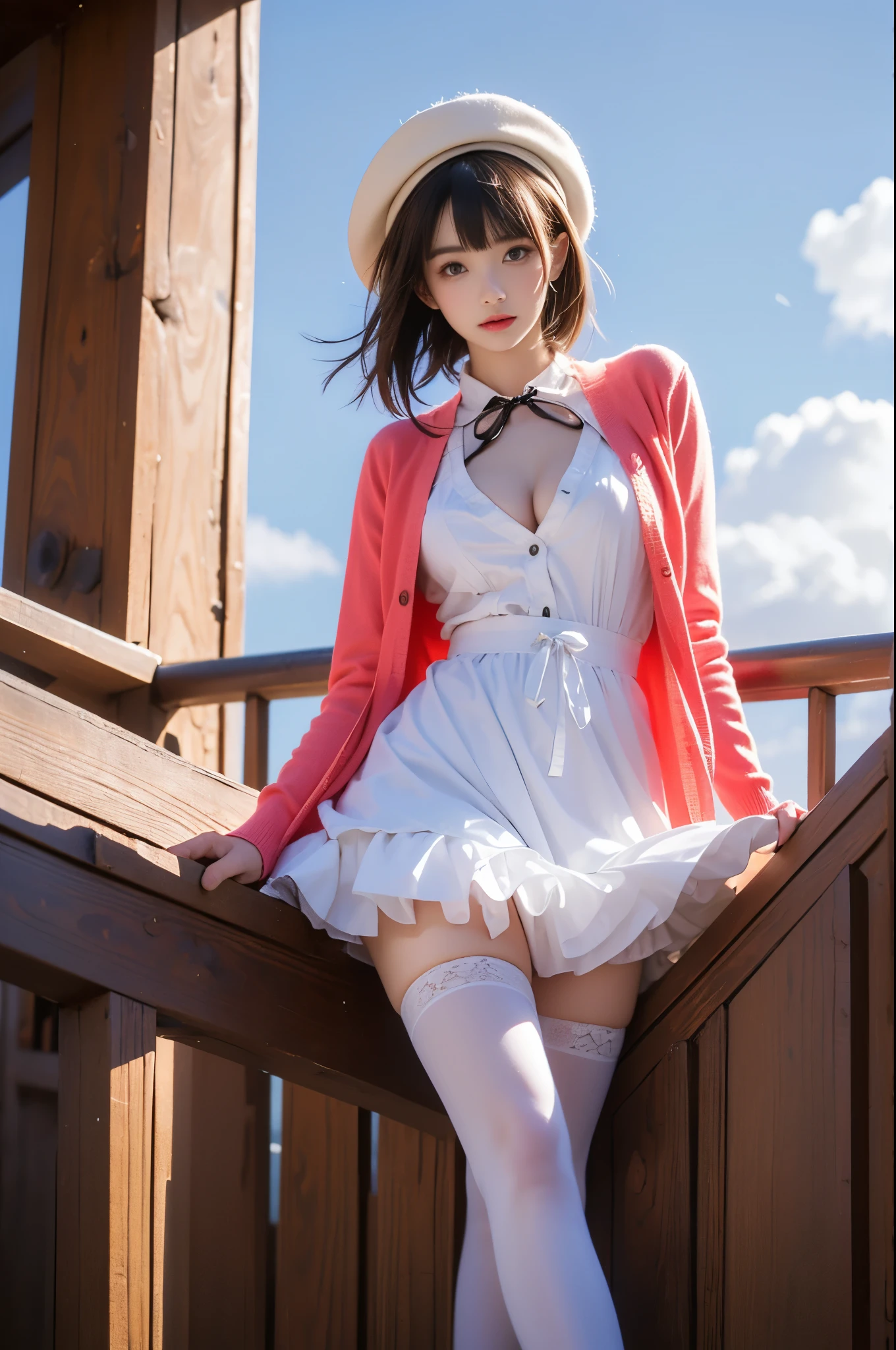 kato megumi, 1girl, solo, katou megumi, cosplay,
white hat,frills thighhighs, dress, cardigan, skirt,long sleeves,blue neck ribbon,beret, headwear, open cardigan,red cardigan, frilled trim, loafers,
short hair, blunt bangs, bob cut,
 ,,(from below:1.3), (cowboy shot:1.3) hyperrealistic photography of a beautiful asian fashion model, perfect body proportions, long slender legs, (Full chest, obvious cleavage, very short hemline, fingers elegantly fluttering hemline), (standing pose:1.2), leaning against staircase railing, one leg straight, other leg slightly bent at knee, elegant leg posture, high heels closer to camera, professionally lit fashion photoshoot, low angle shot, blue sky with white clouds, 8k uhd, masterful composition, photorealistic,  detailed face features, glossy long hair, soft natural makeup, detailed skin texture, professional lighting, sharp focus, high end fashion magazine style, ultra detaile