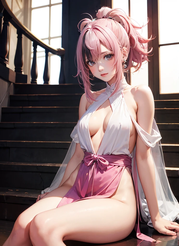 Curly pink hair、hime-cut、Girl with golden eyes、View of the crotch from below、flat chest、Thin pubic hair、Beautiful open legs、chinese clothes