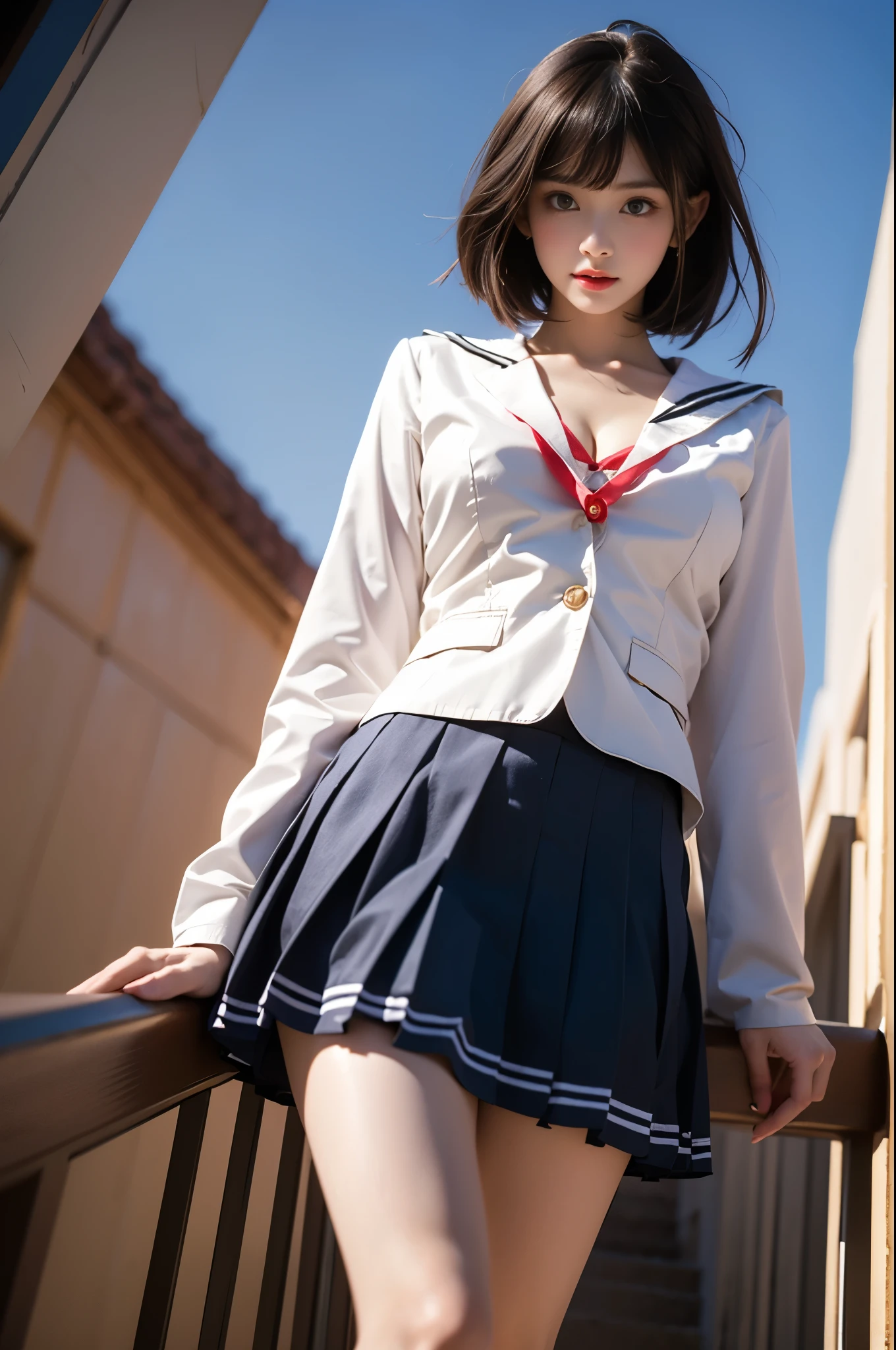 kato megumi,1girl, school uniform, katou megumi, solo, cosplay,
short hair, bob cut, jacket, blunt bangs,
serafuku,socks, loafers,sailor dress,neck ribbon, long sleeves,
 ,,(from below:1.3), (cowboy shot:1.3) hyperrealistic photography of a beautiful asian fashion model, perfect body proportions, long slender legs, (Full chest, obvious cleavage, very short hemline, fingers elegantly fluttering hemline), (standing pose:1.2), leaning against staircase railing, one leg straight, other leg slightly bent at knee, elegant leg posture, high heels closer to camera, professionally lit fashion photoshoot, low angle shot, blue sky with white clouds, 8k uhd, masterful composition, photorealistic,  detailed face features, glossy long hair, soft natural makeup, detailed skin texture, professional lighting, sharp focus, high end fashion magazine style, ultra detaile
