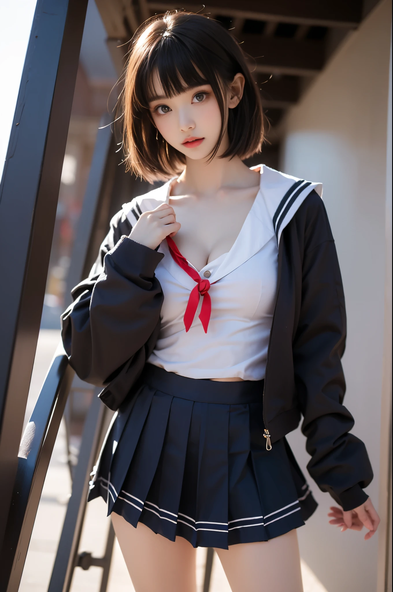 kato megumi,1girl, school uniform, katou megumi, solo, cosplay,
short hair, bob cut, jacket, blunt bangs,
serafuku,socks, loafers,sailor dress,neck ribbon, long sleeves,
 ,,(from below:1.3), (cowboy shot:1.3) hyperrealistic photography of a beautiful asian fashion model, perfect body proportions, long slender legs, (Full chest, obvious cleavage, very short hemline, fingers elegantly fluttering hemline), (standing pose:1.2), leaning against staircase railing, one leg straight, other leg slightly bent at knee, elegant leg posture, high heels closer to camera, professionally lit fashion photoshoot, low angle shot, blue sky with white clouds, 8k uhd, masterful composition, photorealistic,  detailed face features, glossy long hair, soft natural makeup, detailed skin texture, professional lighting, sharp focus, high end fashion magazine style, ultra detaile