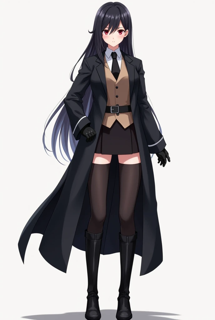  An elegant female character in the anime cartoon style ,  serene appearance ,  that reflects someone with great intelligence ,  black hair down to the shoulders ,  that partially covers one side of her face , eyes are red , wearing a long black coat ,  with long sleeves and pants in the same color,  The jacket has a belt tied at the waist ,  that closes at the front ,  a white button-down shirt and a small , closed vest in dark brown ,  gloves and high boots and a black tie ,  with a posture and facial expression suggest that she is ready for battle or quick action, being tall and serious .