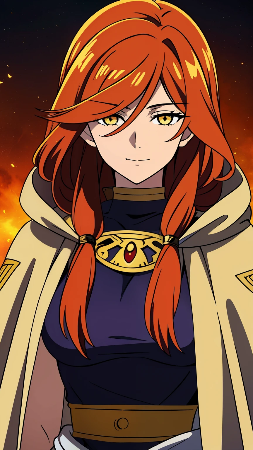 (high-quality, breathtaking),(expressive eyes, perfect face) 1girl, female, adult, mature woman, solo, long length hair, flaming red hair color, multicolored hair, gold highlights in hair, glowing hair, unkept hair, amber yellow eyes, positive expression, soft smile, cloak, shirt, God of Strength and Sun, space background, upper body, magic, elegant, fluffy hair, gorgeous hair, Greek Clothing, portrait, adventurers attire, fantasy mage clothing, beautiful hair, Apollo Hades Female, symmetrical eyes, hands on stomach