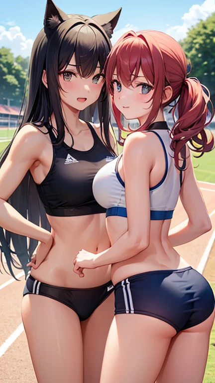 ((Masterpiece)),(Best Quality), absurdress,sadako_yamamura,red eyes, white clothing,you,bellybutton, track uniform,pants, ((Cowboy shot)),