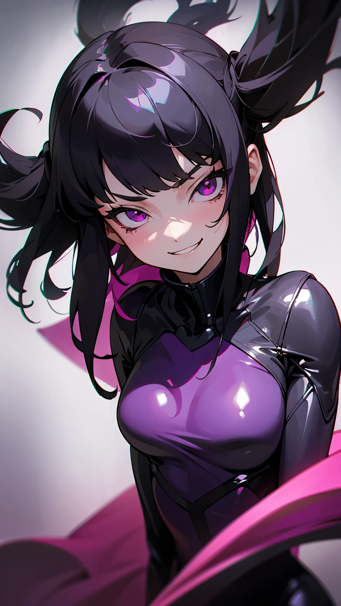 1 girl、solo、 black hair、Deep pink eyes、 squint、 grins、 Upper Body Closeup 、Best lighting、dark background 、Open collar rubber suit based on purple and black
