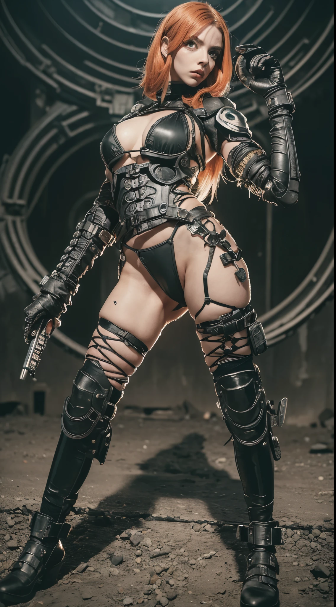 (((mulher))), (((melhor qualidade))), (((obra prima))), (((adulto))), A highly detailed and realistic skull girl,( Anya. Taylor Joy) cyberpunk character, mad max furiosa, one hand robot, cyborg arm, orange hair, dramatic metal heavy rock theme, best quality, 8k, hyperrealistic, photorealistic, extreme detailed painting, studio lighting, vivid colors, dark moody atmosphere, cinematic, dramatic pose, intricate mechanical details, glowing energy effects, intense gritty textures, seamless integration of organic and inorganic elements. Wearing the used clothes of a wastelander. Background: An apocalyptic wasteland. Dusty and depressing.