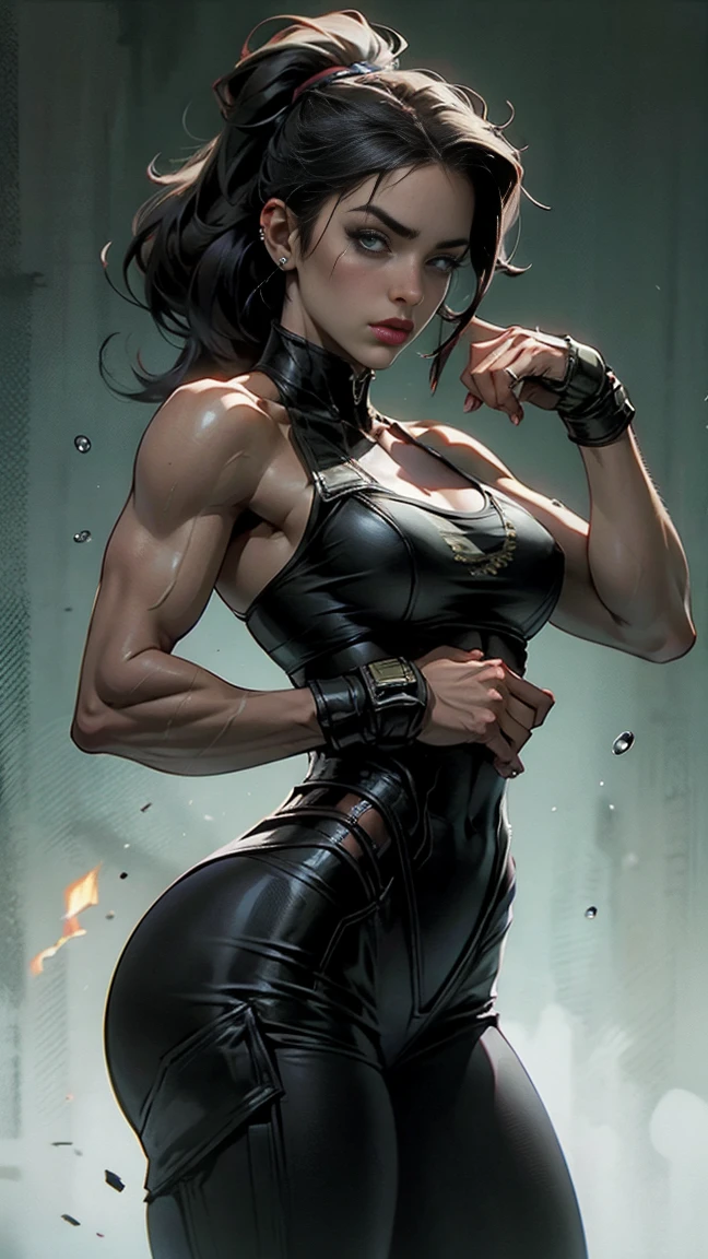 (high resolution, pixel perfect, gorgeous illustrations), (hyper quality, muste piece, etheric: 1.4), ((nsfw)), (((cowboy shot))), face focus, ((1girl)), (((Androgynous, boyish))), (((18 years old))), (((((punk))))), hot Rocker punk girl, ((((sexy pose, stand,open legs)))), cool atmosphere, black hair, ((((very_short_hair, slicked_back_hair)))), ((((piercing)))), (((Exquisite face))), blush, tattoo, (((((((muscular_female))))))), (thick thighs, wide hips, Big breasts that are about to burst), fighter, ((highleg_leotard_armor)), (((cameltoe))), sweat, shiny skin, gleaming skin, simple background,