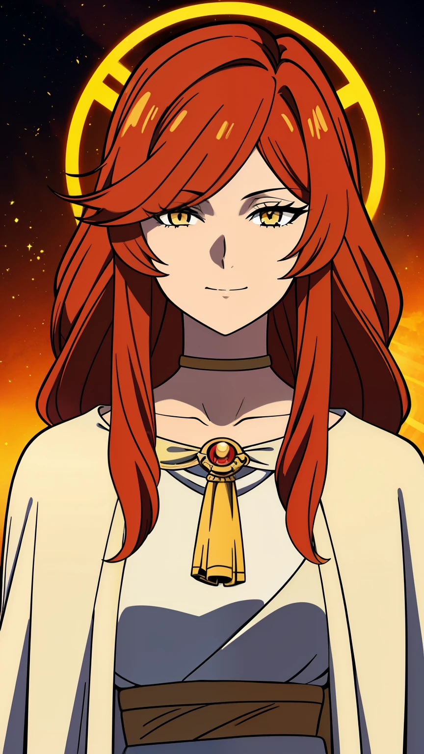 (high-quality, breathtaking),(expressive eyes, perfect face) 1girl, female, adult, mature woman, solo, long length hair, flaming red hair color, multicolored hair, gold highlights in hair, glowing hair, unkept hair, amber yellow eyes, positive expression, soft smile, cloak, shirt, God of Strength and Sun, space background, upper body, magic, elegant, fluffy hair, gorgeous hair, Greek Clothing, portrait, adventurers attire, fantasy mage clothing, beautiful hair, Apollo Hades Female, symmetrical eyes,