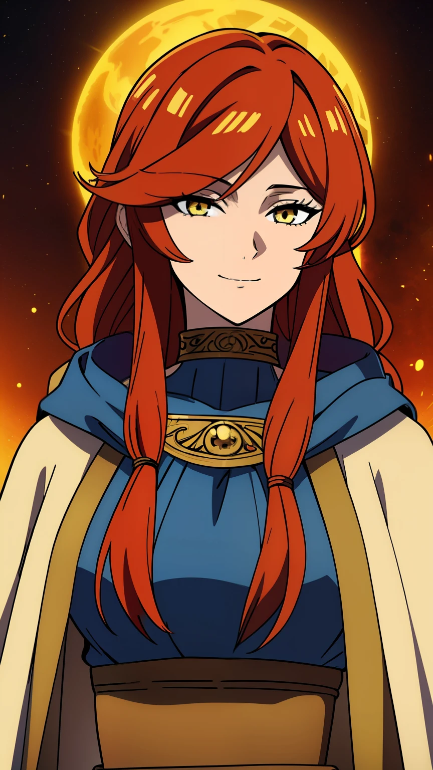 (high-quality, breathtaking),(expressive eyes, perfect face) 1girl, female, adult, mature woman, solo, long length hair, flaming red hair color, multicolored hair, gold highlights in hair, glowing hair, unkept hair, amber yellow eyes, positive expression, soft smile, cloak, shirt, God of Strength and Sun, space background, upper body, magic, elegant, fluffy hair, gorgeous hair, Greek Clothing, portrait, adventurers attire, fantasy mage clothing, beautiful hair, Apollo Hades Female, symmetrical eyes,