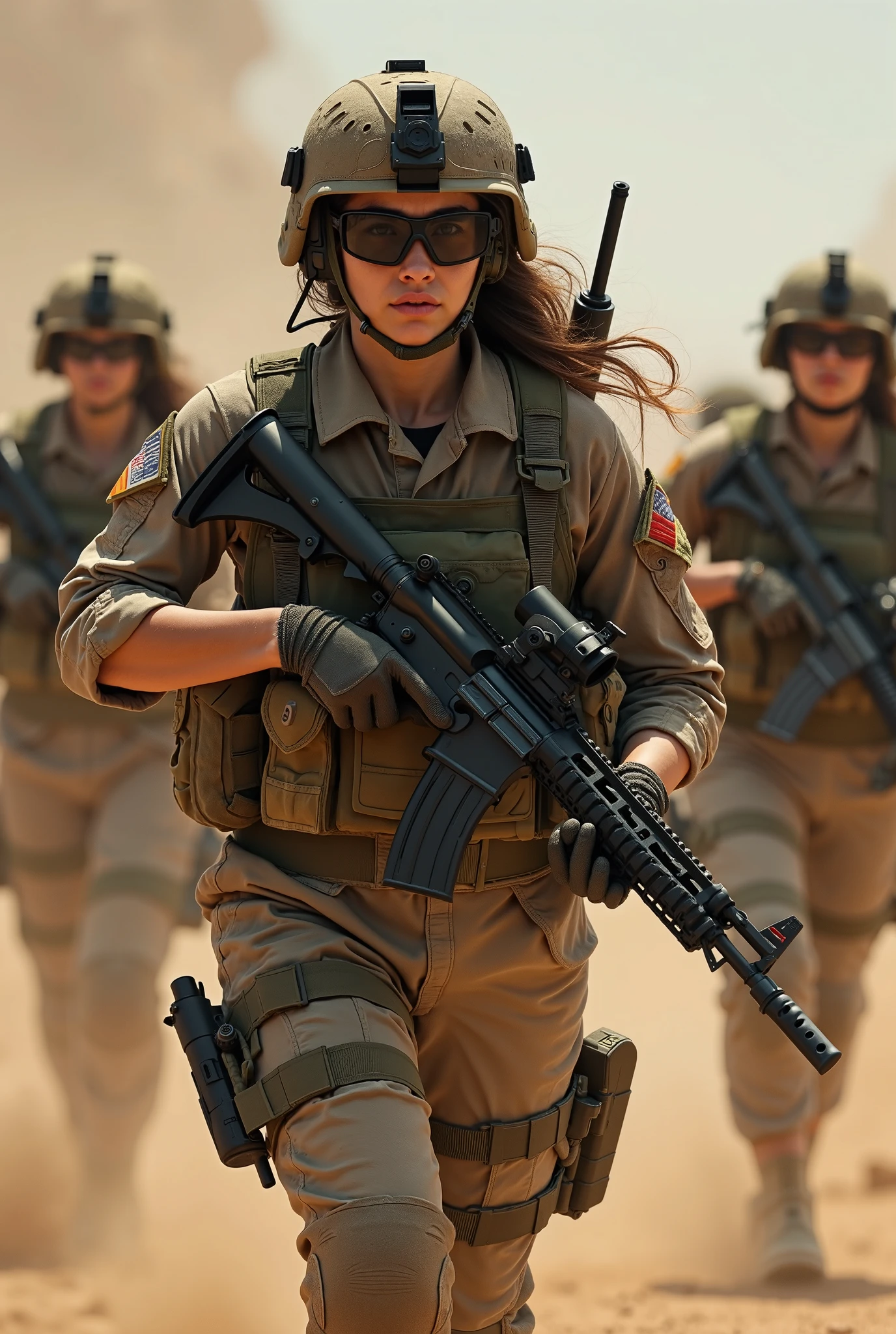 Female soldiers stand in a row with weapons in their hands, Strong female soldiers, Korean yellow female soldier, dressed in tactical armor, Portrait of a Navy SEAL soldier, cinematic —ar 16:9, soldier, Soldiers, close up portrait shot, Realistic female soldiers, still from live action movie, Military photography, future soldier clothing, Wear tactical gear, shot from cinematic
