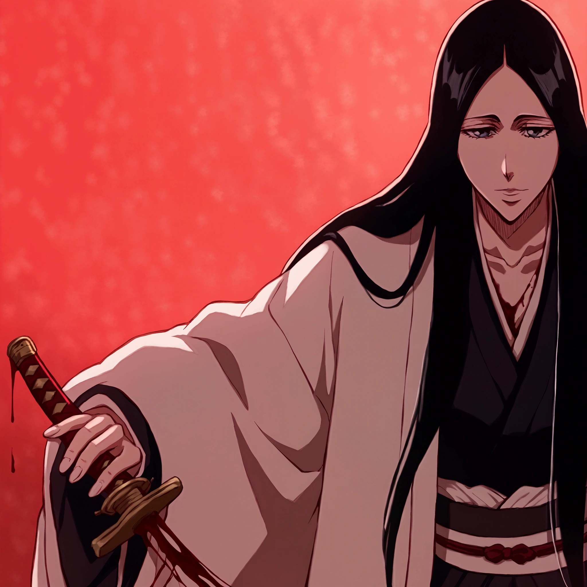 unohana from bleach, unohana retsu, wearing white robe, dripping blood, blood dripping, holding 1 katana blood on her right hand, 1 katana made with blood, 1girl, bankai, black hair, long hair, haori, japanese clothes, kimono, tabi