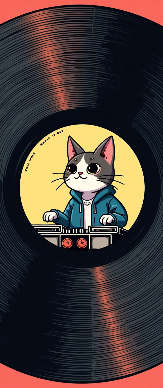 (Masterpiece:1.2, EXCEPTIONAL QUALITY ,Mirror Finish , Cinematic experience , best illustration ), Ultra Fine , tall Highly detailed ,8k,16k, wallpaper,( Enlarged view with an illustration of a cute cat DJ at the center of the record:2.0),( Simple Design ), promotional art , Record Jacket , record album jacket design , Funk Music,House music , avant-garde , (Funk Art :2.0),( minimalist:2.0),( Anime Artwork:2.0)
