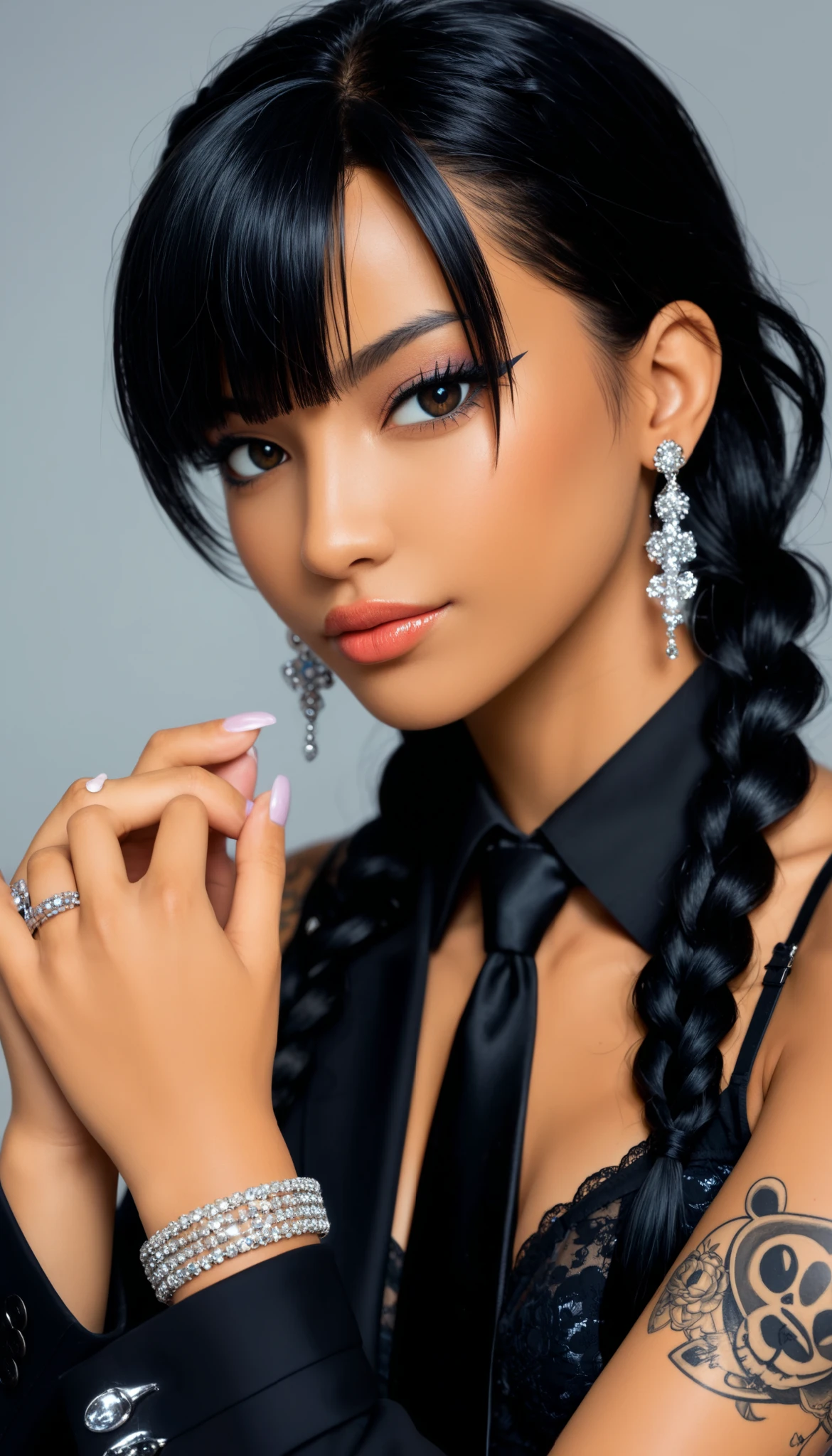 Manga style:1.5, Close-up of a young woman with tattoos on her arms and left cheek, bangs up to her eyebrows , light eyes, her head tilted slightly downwards , looking at the camera , boucles sur les côtés de sa tête , wears long hair with braids Care , black hair, boucles d'oreilles dans chaque oreille , elle appuie son menton avec les deux mains , she wears rings , tie suit on the top and shoulders , jupe courte moulante , long half-transparent black hair , bracelets on her hands, has a black teddy bear on her knees , gray background with different brushstrokes , gothic style:1.3, sombre, Your expression is one of sadness , digital art by Hikari Shimoda , dans CGSociety , surréalisme pop , low quality pop surrealism , surréalisme pop low quality art style, Beeple y Jeremiah Ketner, Japanese pop surrealism , Cute kawaii, low quality art, bel art détaillé , illustration in the style of Guweiz , surrealist pop art style