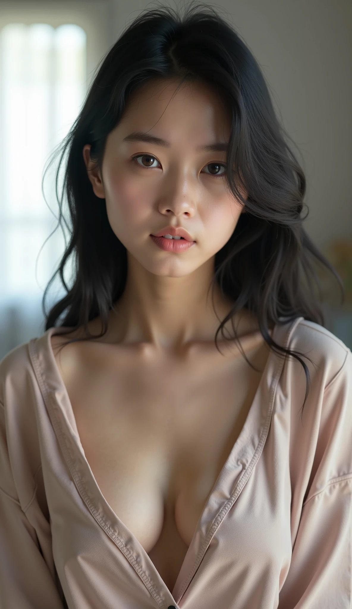 "Masterpieces of photography, Maximum quality and ultra detailed appearance. Japan student woman looking young, Presenta matices sensuales, Por favor, use ropa transparente y prendas de punto mojadas, El fondo puede estar borroso, Sin embargo、The main image must be clear and sharp.. (1 girl), ojos negros, cabello corto y negro, Peinado moderno y suave. Los primeros planos de tu piel deben enfatizar la riqueza de los detalles, Korean features, Kim Jennie, Ulzzang.. Context Optimization、It is necessary to reinforce its characteristics."