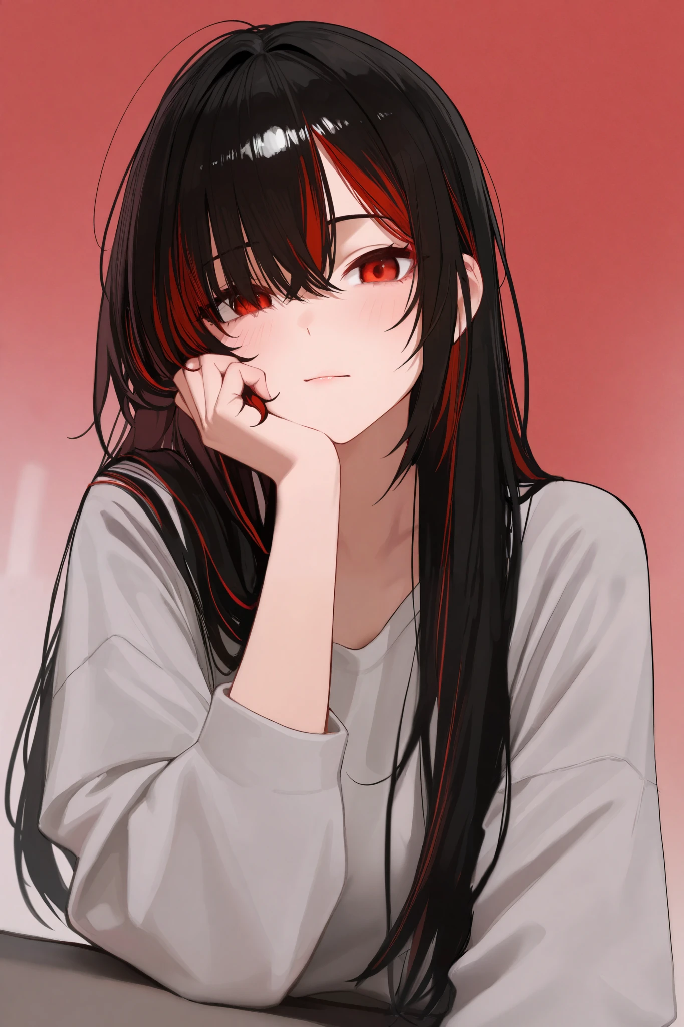 Anime girl with long black hair and red eyes sitting at a table - SeaArt AI