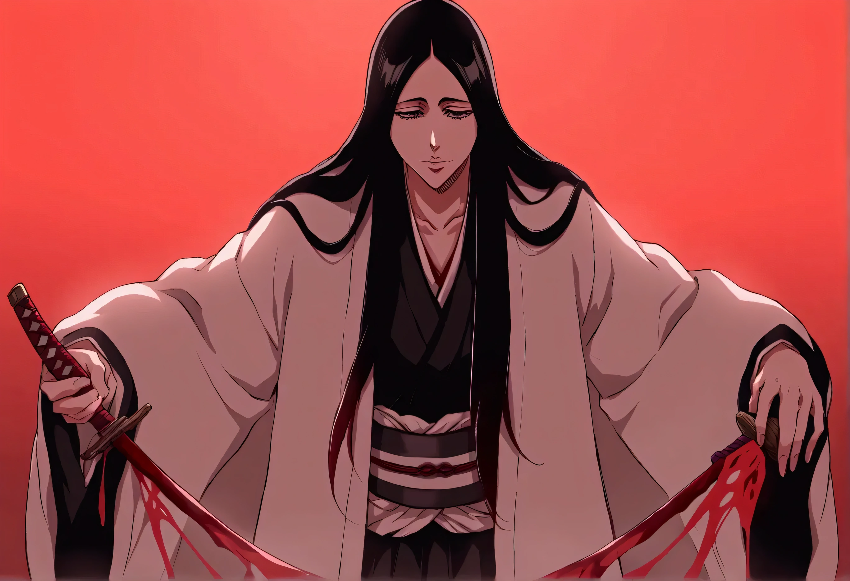unohana from bleach, unohana retsu, wearing white robe, dripping blood, blood dripping, holding 1 katana blood on her right hand, 1 katana made with blood, 1girl, bankai, black hair, long hair, haori, japanese clothes, kimono, tabi