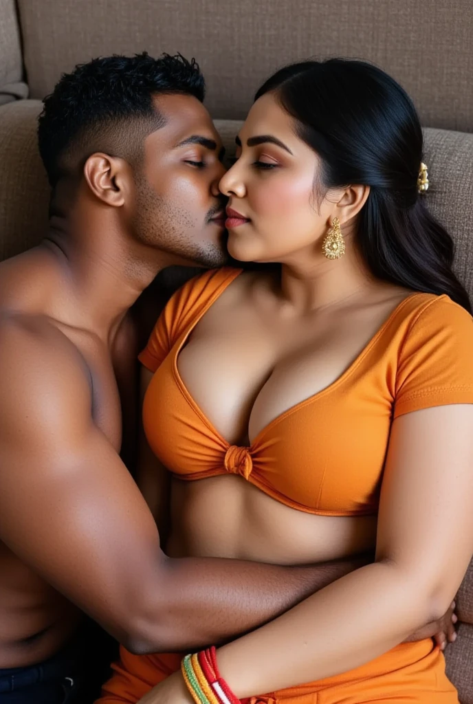 A beautiful gorgeous plump Indian 45-year-old woman wearing a bra panty, huge breasts, hot body curves, smiley face, white skin, laying down on bed with 21 years old handsome man, wearing pant and shirt, man woman kissing lips pose, both are in blanket, kissing each other lips , beautiful sexy couple pose