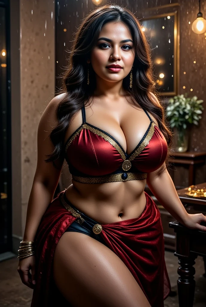 Beautiful indian woman posing, straight photoshoot pose, full body portrait, moonlit night, night time, winter, detailed face, cute, big eyes, iconic, photorealistic, mountain temple, detailed background, big breasts, sexy thin red saree, long wavy hair, cleavage, symmetric face, masterpiece, 8k, ultra realistic