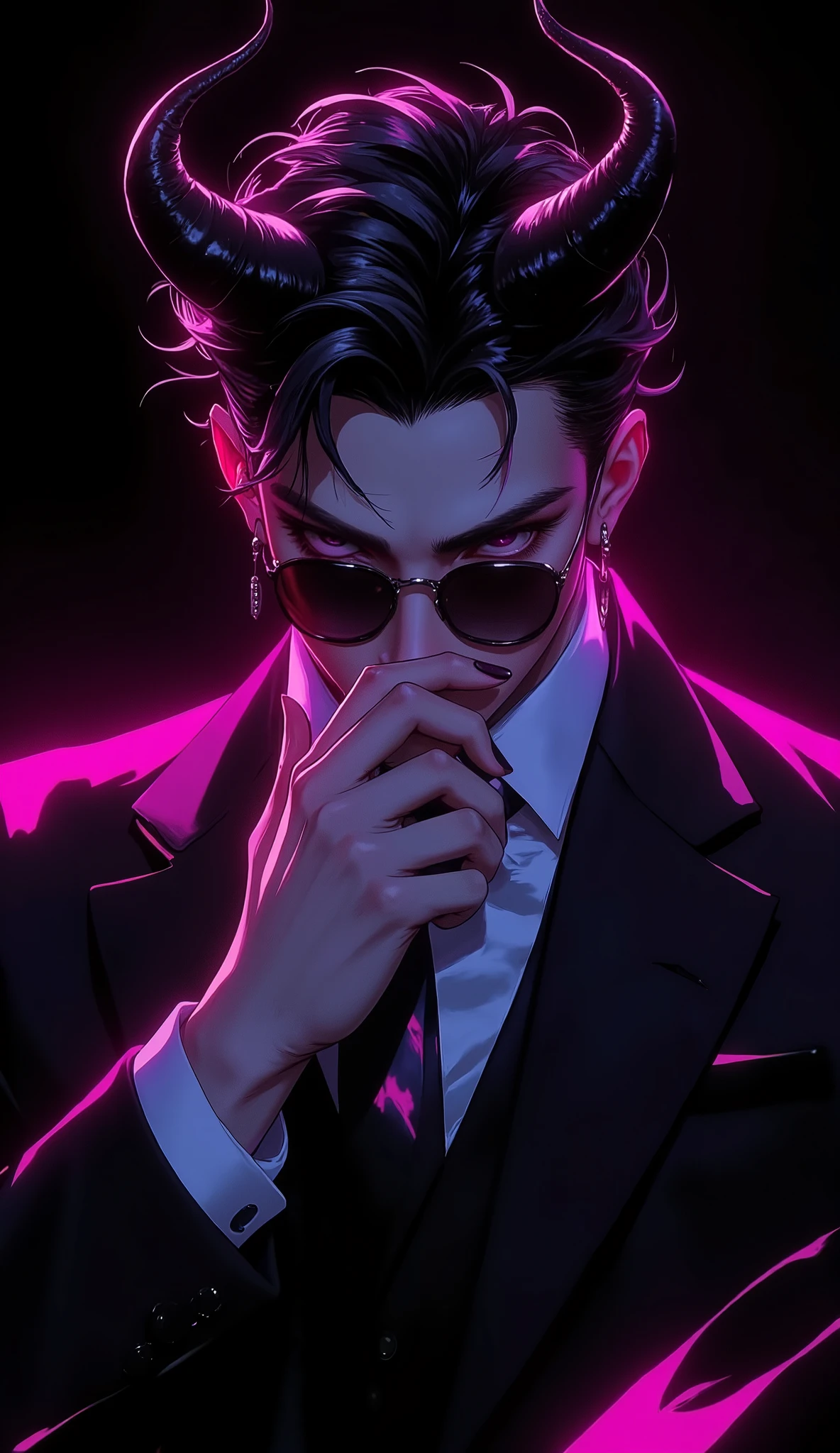 Portrait, handsome anime male, sharp facial features, horns, suit, sunglasses, dark background, neon pink highlights, dramatic lighting, earrings, striking pose, intense expression, high contrast, sleek and modern aesthetic, detailed shading, vivid colors