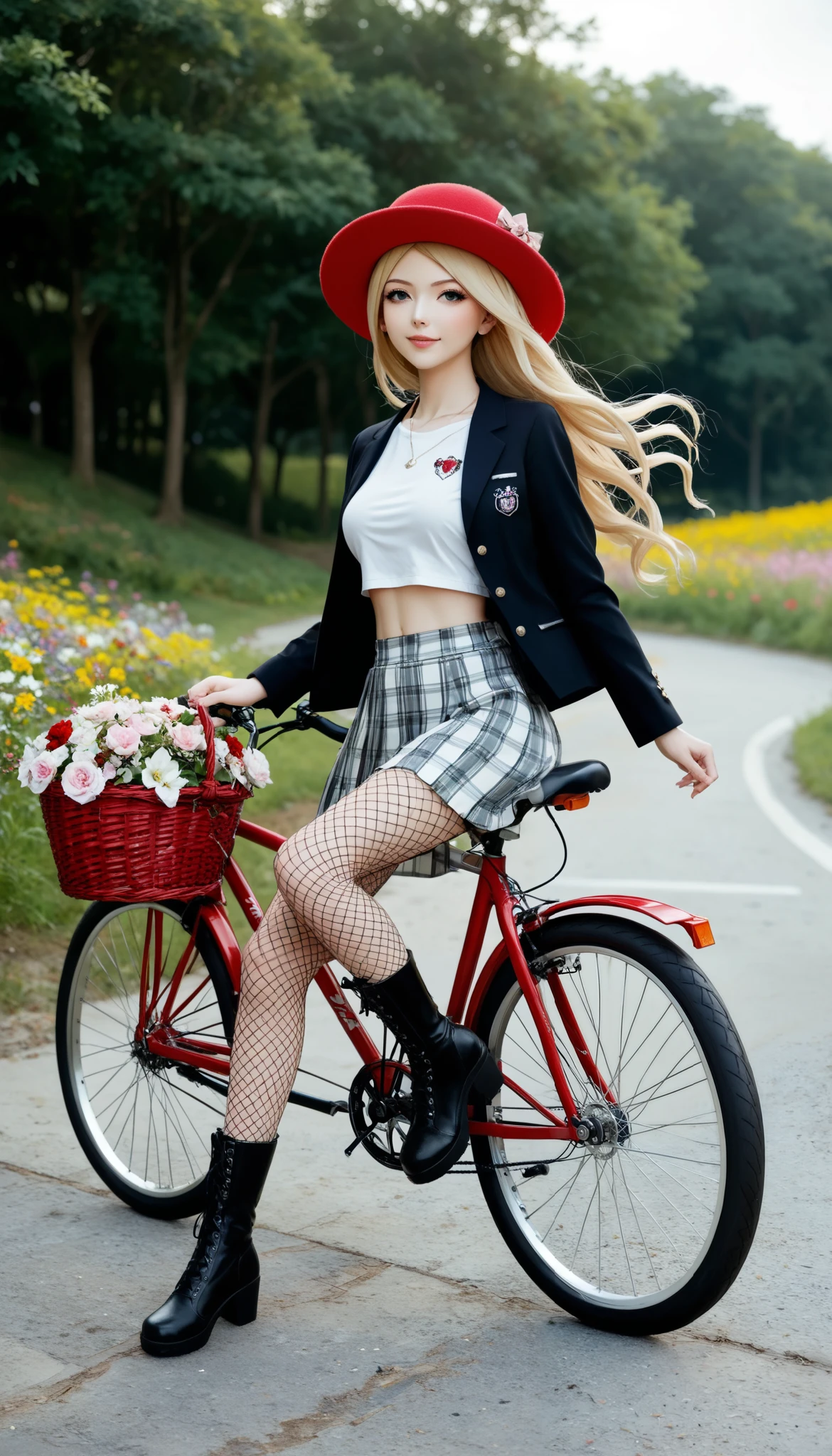 Anatomically correct , Beautiful full body girl , sitting on a bicycle with baskets full of flowers, ((Manga style:1.5)), Linear , She is a profile , ( masterpiece, highest quality :1.2), reality 、 A person riding a bicycle , Alone、 high school girl 、uniform、from the side、Watercolor style、 Linear , She is face up from the camera , red and black checkered miniskirt , three-quarter fishnet stockings , long black boots, white sweatshirt with red letters , waving in the wind , red wool hat , red and black jacket that falls on your shoulders , field background at dusk , flores , Going down a hill, an anime drawing by Masamune Shirow , dynamic and sensual pose , trend in pixiv , Furry art, Danganronpa digital art, Anime style , Anime style ”, Blonde anime girl with long hair , High Quality Anime Art Style , ranked among the best in pixiv , beautiful high school anime girl , obra de arte de Anime style , anime illustration trend
,