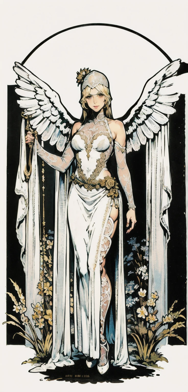 Draw with pencil in style by engraving an archangel man from the waist up with his face to the side , Cabelo encaracolado