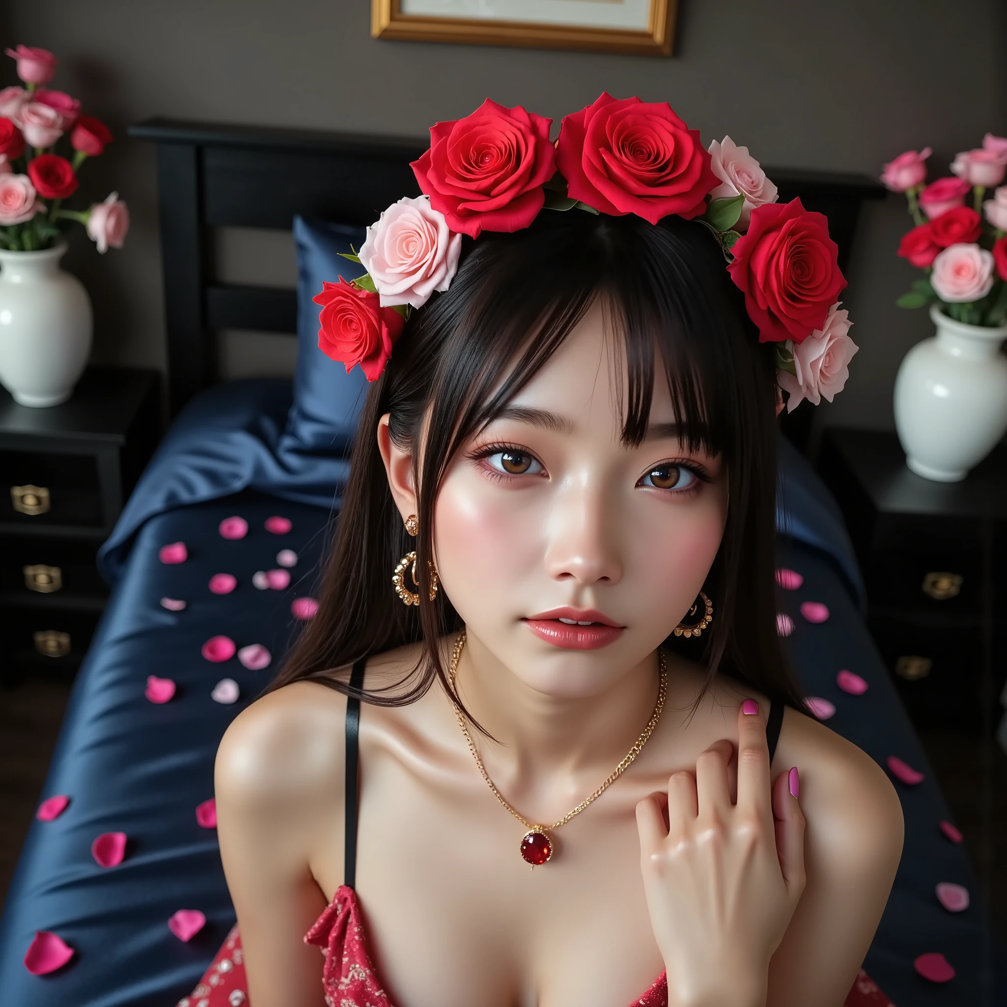 (Canon), (EOS R5), (85mm), (No lens flare  :1.5), (超 high resolution:1.5), (masterpiece),  accurate, (( photorealistic:1.9)), ((解剖学的に accurate人体:1.4)), ( realisticな質感の肌),  more details,  high detail,  high resolution,  Award-winning work ,32K,  is written in depth,  digital camera,  Award-winning glamour photo ,  professional lighting, (( Professional beautiful and delicate art photo :1.5)), (( best quality :1.5)), ((masterpiece:1.5)), (( realistic)), ( Clean and bright atmosphere ), (A very beautiful and cute Japanese woman), (((headからバストまでの撮影 :1.5))), (((Bust up photoshoot:1.5))), ((綺麗で beautiful, A beautiful 25-year-old Japanese secretary)), ((赤色とピンク色と白色の薔薇の花飾りの冠をheadの上にかぶっている:1.5)), 綺麗でFluffyの black hairロングヘアー, ((( has many red, pink, and white rose flowers on her hair :1.5))), ((headの上にたくさんの赤色とピンク色と白色の薔薇の花の輪:1.4)), ( very sexy ),  Fascinating Beauty ,  seductive pose , Height: 160cm,  slim figure, (Pretty big bust with a beautiful shape , F Cup), ( beautiful, Fluffy,  black hair, With bangs,  Medium Hair :1.5), ((少し歯が見えるとても可愛いsmile:1.5)), ( beautiful金のリアルなイヤリングに大きな赤いルビー), (A gorgeous gold realistic necklace with a large red ruby),  detailed facial features,  Delicate depiction following extremely detailed text , ((Extremely detailed and realistic skin :1.5)), (( realistic skin)), ((極めて詳細でリアルな brown eyes:1.5)), (( beautiful catchlight on the eyes:1.4)), ((極めてセクシーで beautiful茶色の瞳 :1.5)), (( Extremely detailed, long, beautiful eyelashes :1.5)), ((Extremely detailed and beautiful eyebrows :1.5)), (( Extremely detailed and charming moisturized lips :1.5)), (( White realistic teeth arranged beautifully )),  clear focus , smooth,  extremely detailed description , Octane Render, ((( realistic写真:1.9))), Post-processed, ( Maximum Details :1.8),  realisticな影, Roughness, Real Life, (超 realistic),  sharp concentration, Midea, Highly detailed description of her clothing, (( The beauty and cuteness of Japan's top actresses  :1.3)), ( brown eyes:1.9), (Detailed depiction of the best skin ), ( natural makeup:1.4), (Beautiful cheeks:1.5), ( detailed eyes:1.9), (丸い brown eyes :1.8), ( Beautiful and detailed facial depiction :1.6), (Hourglass body shape:1.6), (Hornet&#39;s waist:1.5), (Hourglass body shape:1.5), (完璧に丸くて beautiful形の大きなバスト:1.8), ( clearly contoured cheekbones  :1.5), ( perfect style body :1.8), (Healthy body :1.8), (Narrow shoulders:1.9), ( staring at viewers ), ( seductive gaze ), (Natural looking hands ), (綺麗な長さの beautifulピンク色のネイル), (smile:1.1),  triangular cup ,  deep V neckline emphasizes curves  , translucent lace lingerie , ((( Luxurious black lace bra with slightly larger red and pink roses embroidered on both ends:1.5))), (((Luxurious black lace camisole :1.5))), ((( Luxurious black lace panties with pink rose embroidery on the lower waist :1.5))), (head, Bust is visible:1.4), Ruffled edges give a classic feel,  Attractive Poses,  seductive pose , Her back is slightly arched, (( sitting in a sexy pose on the bed)), (headの後ろに片手を置いてわきの下が見える), ( realistic skinのわきの下), Warm light shines from the bedside lamp, Skin glows softly as hair flows down,  dark gray wall , (A contrast between the dark blue satin sheets with a rose pattern and the soft dark blue damask cover), ( dark blue satin pillowcase with a rose flower pattern), (( Pink and white rose petals scattered all over the room :1.4)), (( A floral art piece of red, pink and white roses in a gold-bordered frame hangs above the bed:1.4)), (( Large white ceramic vases with lots of red, pink, and white roses are lined up on both sides of the room:1.5)),  stylish,  accurate手の形, accurate指の形, accurate指の数,5 fingers on one hand 