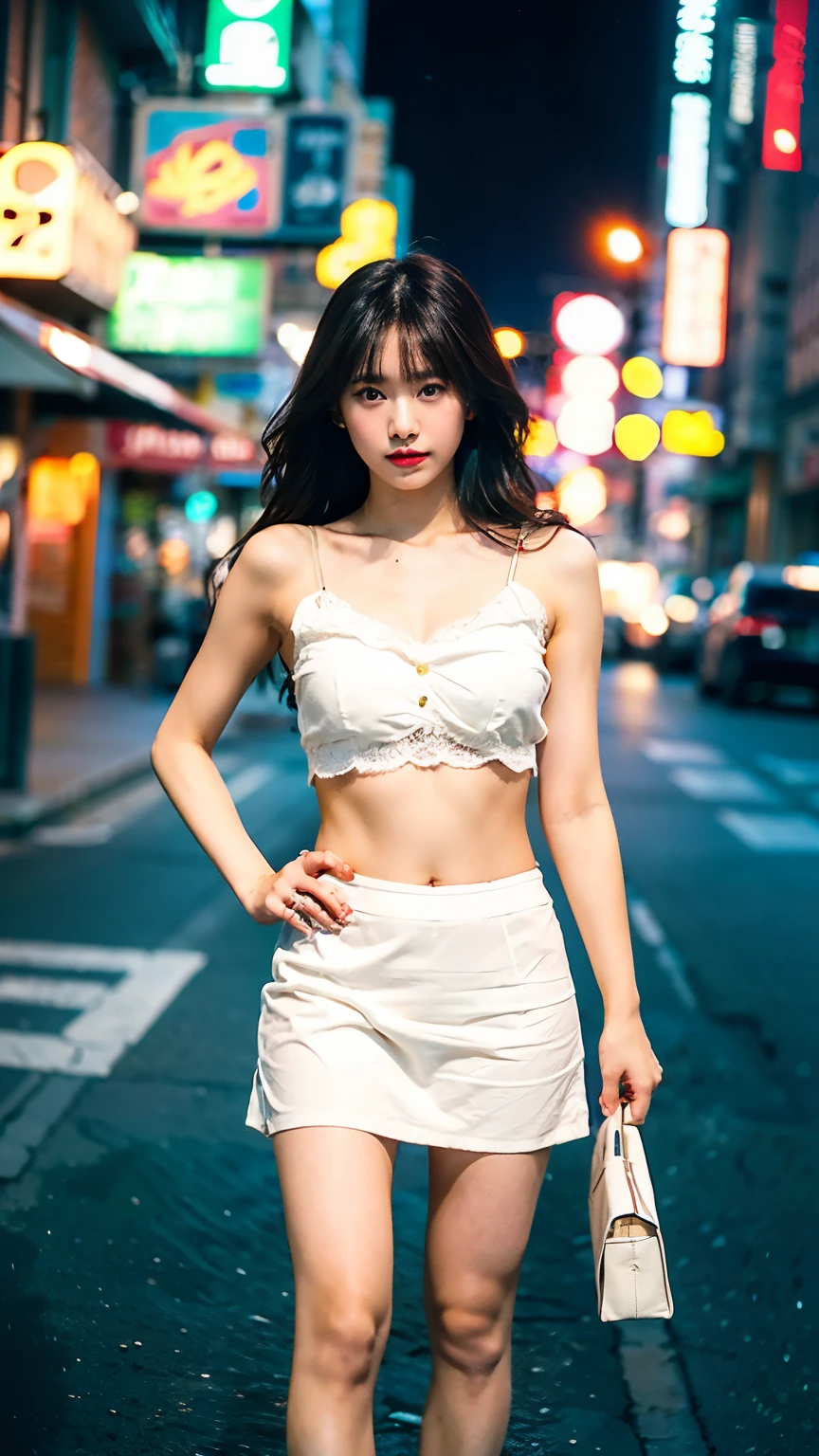 1girl,solo,Rough skin,from back,face focus,(looking at viewer:1.2),wet hair,dark,polaroid,(depth_of_field:1.5),rainy days,outdoors,street,hair between eyes,moody lighting,Tyndall effect,Cinematic Lighting,night,lamppost,lens flare,available light,rim light,glowing neon lights,curvy, no panties, korea girl,