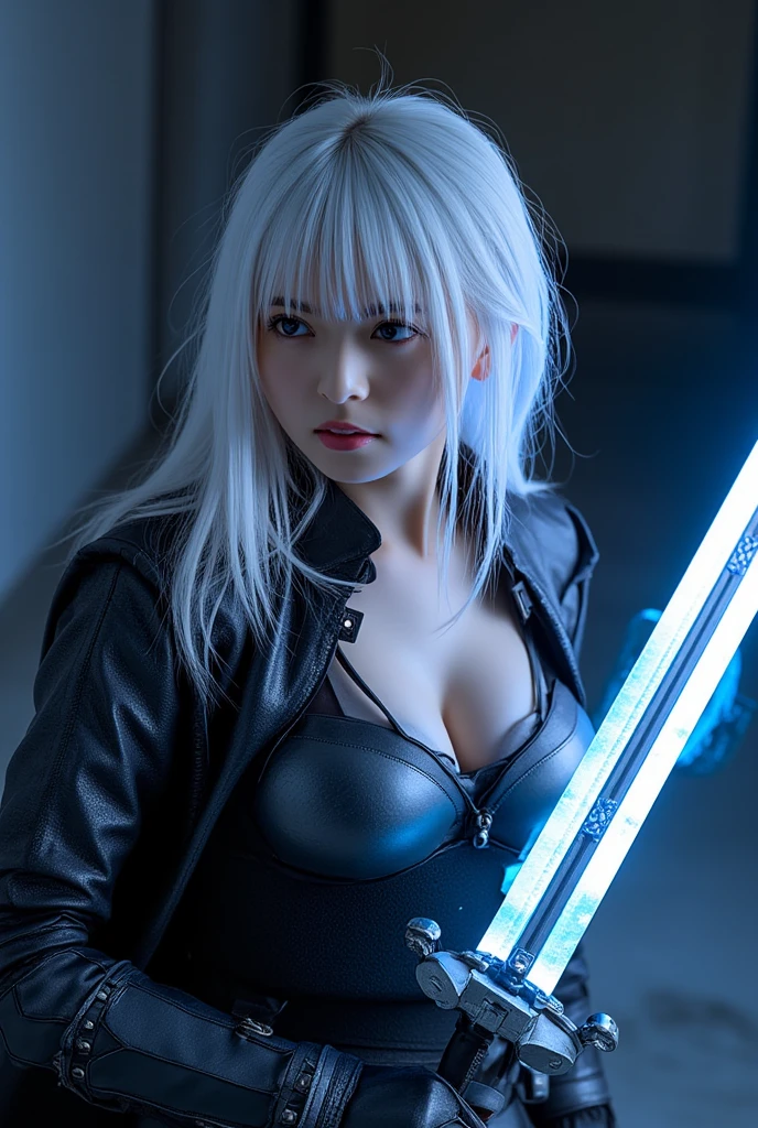 (best quality, 4k, highres, masterpiece:1.2), ultra-detailed, realistic:1.37, cyberpunk, neon, fantasy, wizard, women, 10's, magic wand, bob cut, white hair, red eye, wizard's robe,
