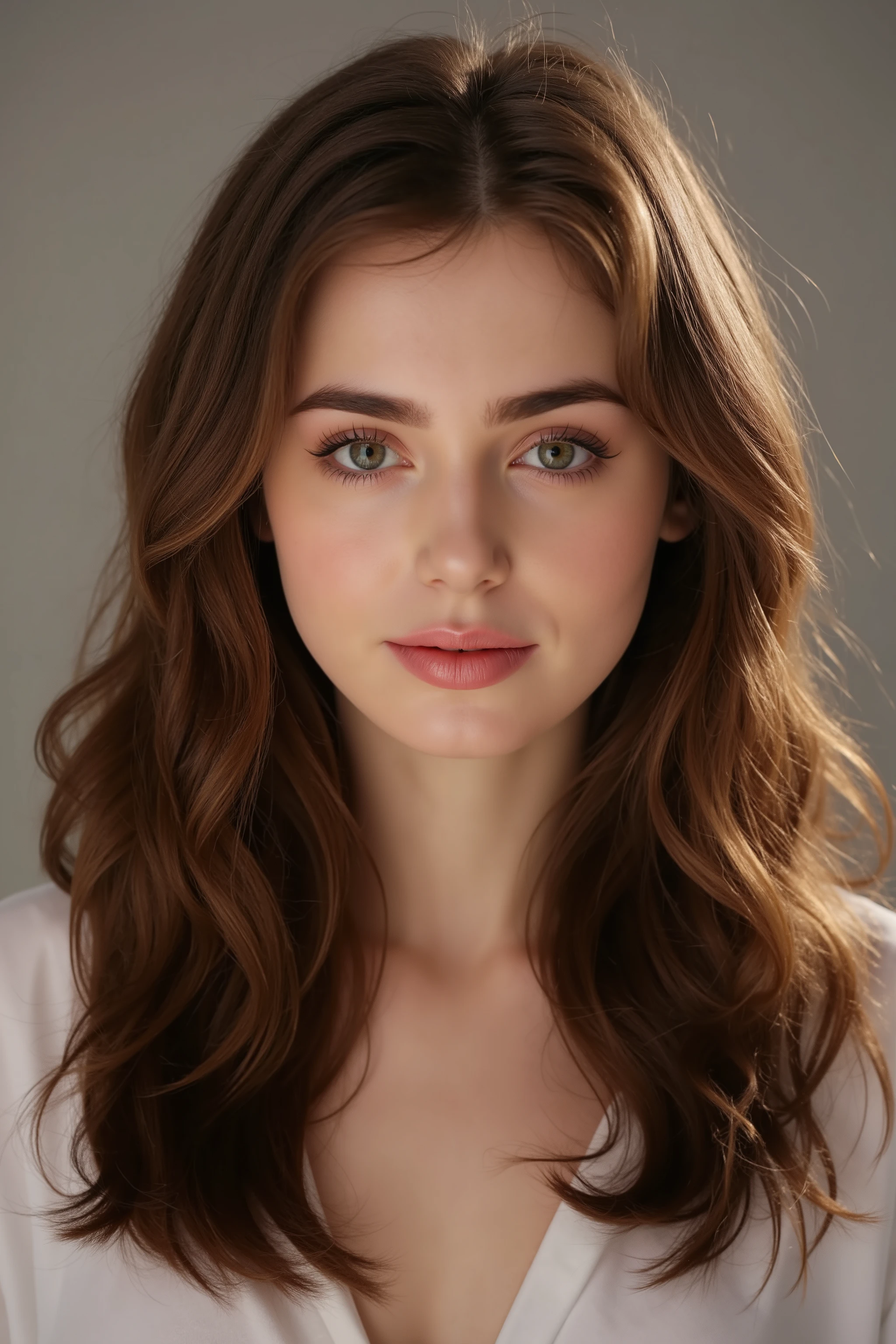 a beautiful european adult female model , brown silky straight hair, {{green eyes}}, perfecr portrait photo, silky clear skin, long hair, normal features, normal lips, ultra realistic, best quality, highest resolution, ultra-detailed, beautiful stylish detailed hair, extremely detailed, beautiful detailed hair texture, beautiful detailed hair , glossy lips,