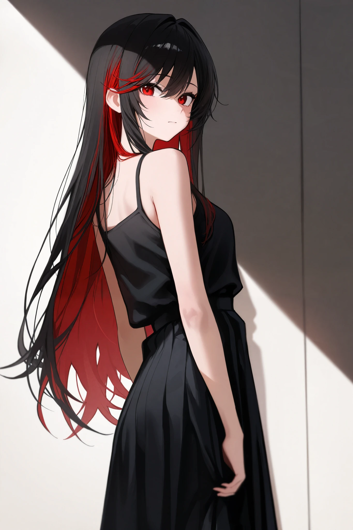 Anime girl with long black hair and red eyes in a black dress - SeaArt AI