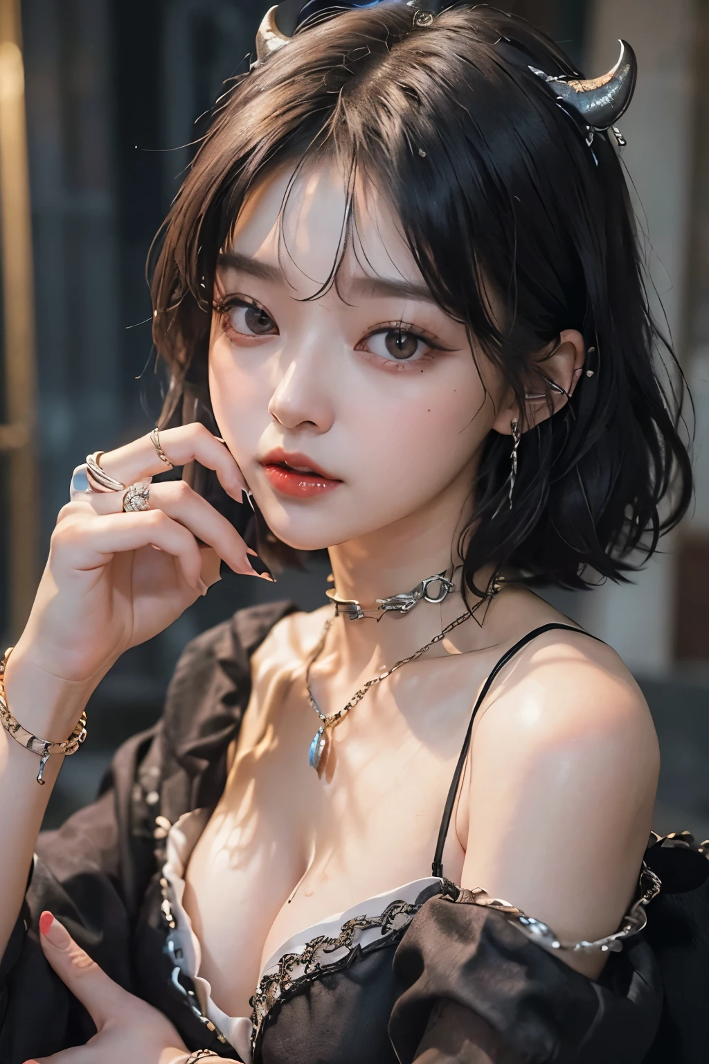 Sexy girl black hair fringe black clothes