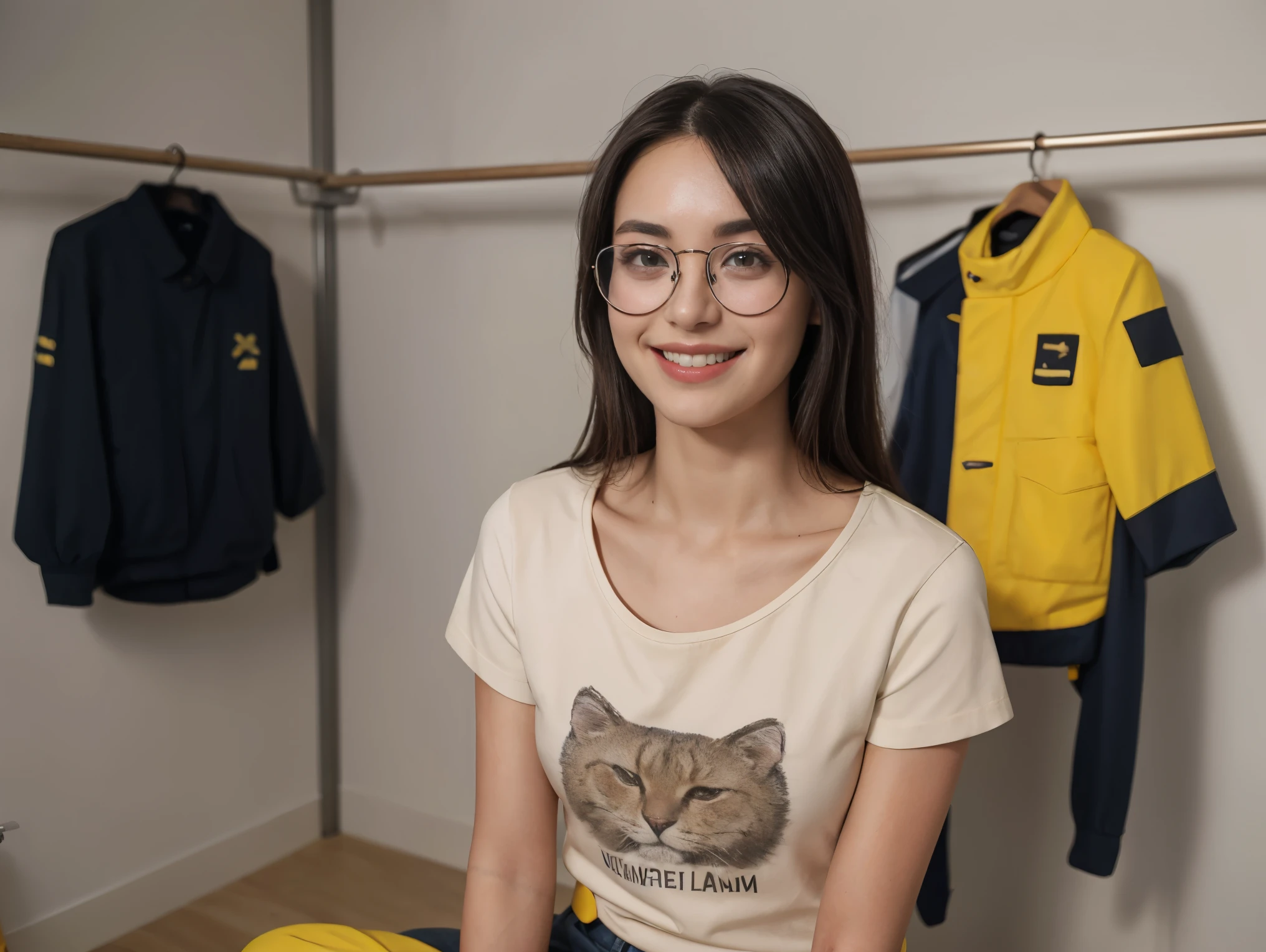 (masterpiece), best quality, expressive eyes, 8K, HD, perfect face, germanic girl, smoked eyes, black hair, brown eyes,(high quality eyes), streak hair, indoors, yellow latex jacket, looking at viewer, wc, collarbone, cold temperatures, valorant, toilet clothing, family, manger, killjoy shirt, smiling, ((((sitting on closet))), garage, slim body, pov, circle glasses, short sleeves shirt, 1girl, toilet