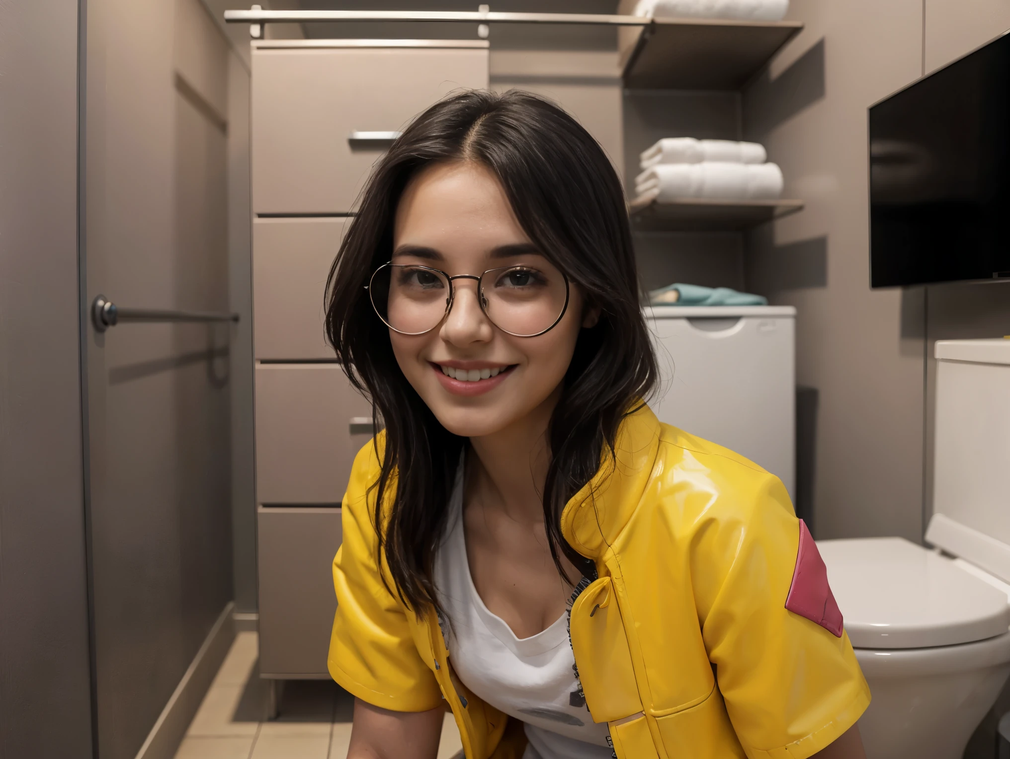 (masterpiece), best quality, expressive eyes, 8K, HD, perfect face, germanic girl, smoked eyes, black hair, brown eyes,(high quality eyes), streak hair, indoors, yellow latex jacket, looking at viewer, wc, collarbone, shower, valorant, toilet clothing, family, hanger, killjoy shirt, smiling, ((((sitting on closet))), garage, slim body, pov, circle glasses, short sleeves shirt, 1girl, toilet