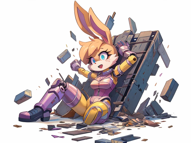 (masterpiece), ((perfect anatomy)), (high Res), (4k), bandicoot, green eyes, blonde hair, huge breast, wide hips, (((pink shirt))), (((pink shorts))), happy, (((mecha anime artstyle))), (((solo))), narrow waist