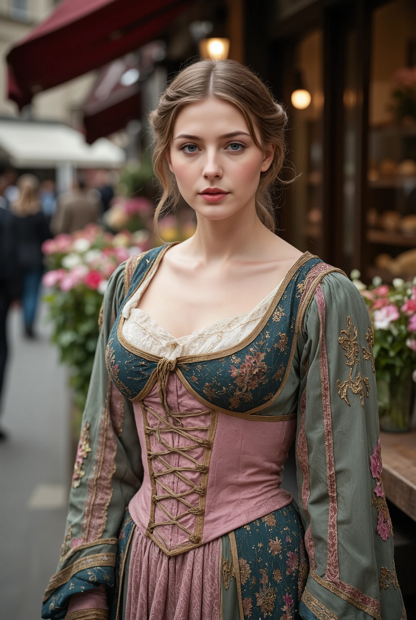 Create a realistic photograph of a beautiful 15-year-old French girl from the late 19th century, captured from head to thigh. She has medium-length hair tied back with dark blonde bangs framing her blue eyes. She is dressed in a typical young woman's outfit from the late 19th century in France. The background features a vibrant flower shop on a street corner in late 19th century Paris, filled with a variety of colorful flowers.