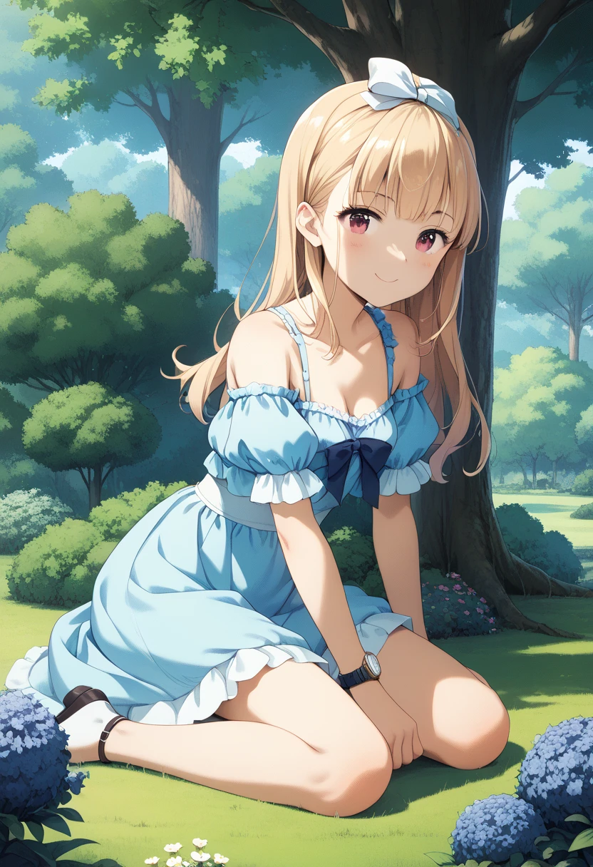 (leaning over:1.4), (masterpiece:1.2, best quality), (real picture, intricate details), 1girl, solo, absurdres, cowboy shot, standing, outdoors, :3, smile, bear girl, bear ears, ((light pink dress)), frills, very detailed dress, white thighhighs, platinum blonde hair, gray blue eyes, long hair, ((red strawberry choker)), smile, open mouth, one fang, large breasts, cleavage, sleeveless dress, arms behind back,