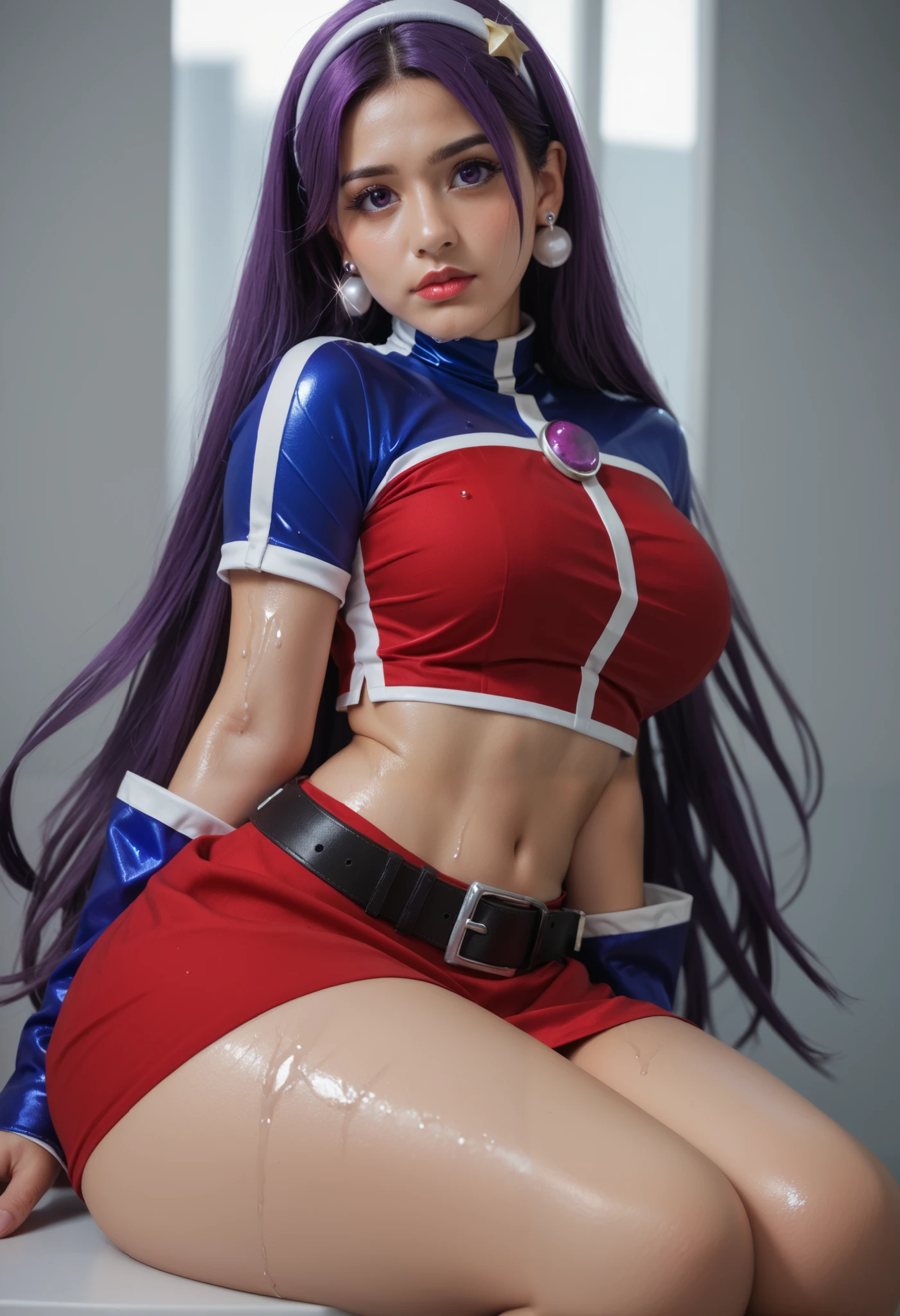 cosplay, hyperrealistic, young girl,(mia khalifa:0.8),pretty face, purple hair, long hair, purple eyes, white hairband, blue sleeves, pearl (gemstone), short sleeves, red top, belt, navel, red skirt, blush,ATHKOF2002, warm skin, pov, from behind, sitting on viewer lab, thick thighs, shiny clothes, closed mouth, lipgloss,shy,big breasts,full lips,big detailed eyes,wet, earrings, back,butt